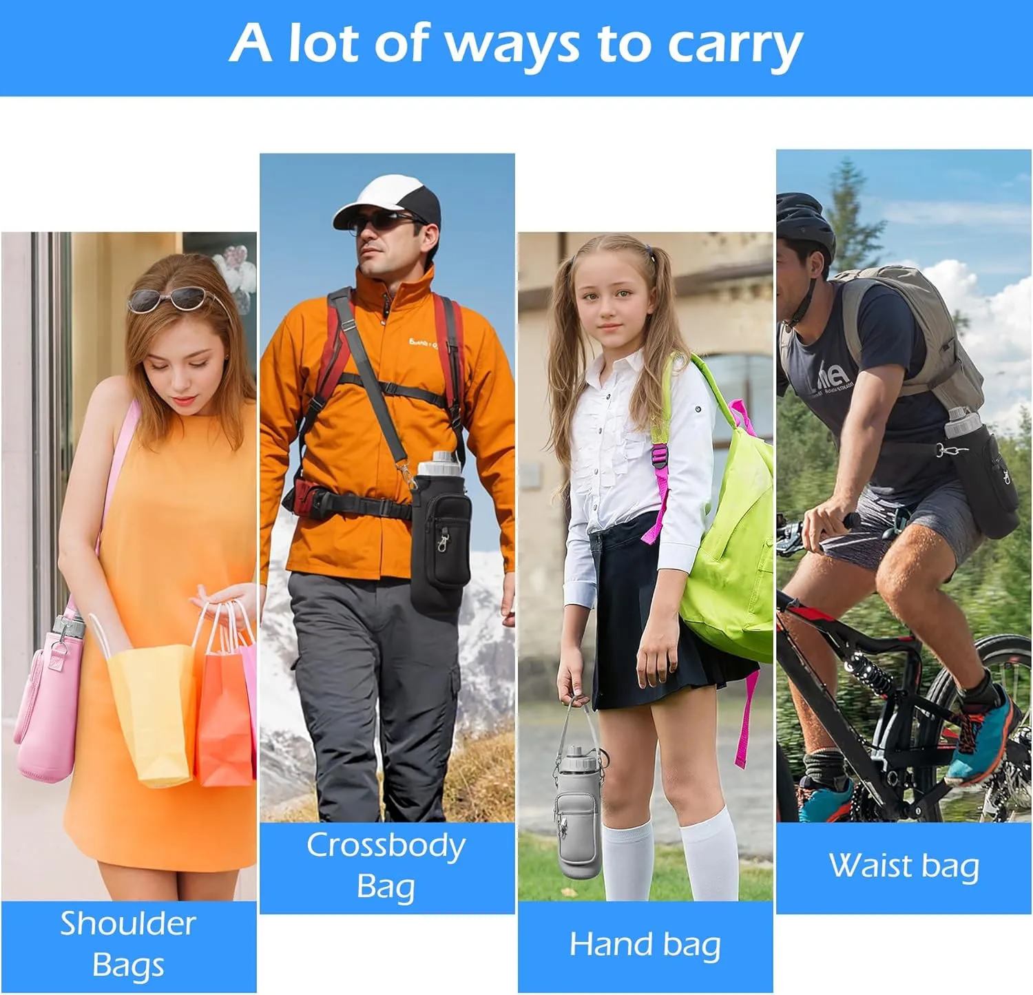 Water Bottle Holder with Strap,Water Bottle Bag,32/40 oz Large Capacity,Adjustable Shoulder Hand Strap,2 Phone Pocket Water Bottle Holder,Water Bottle Accessories for Camping Running Walking