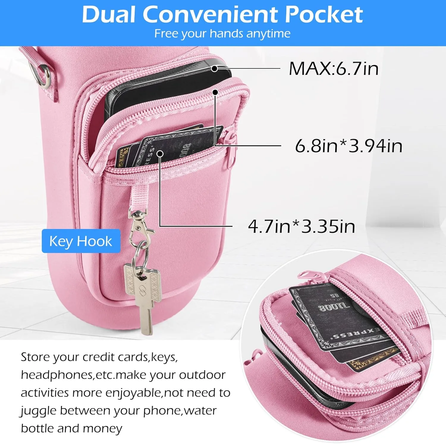Water Bottle Holder with Strap,Water Bottle Bag,32/40 oz Large Capacity,Adjustable Shoulder Hand Strap,2 Phone Pocket Water Bottle Holder,Water Bottle Accessories for Camping Running Walking
