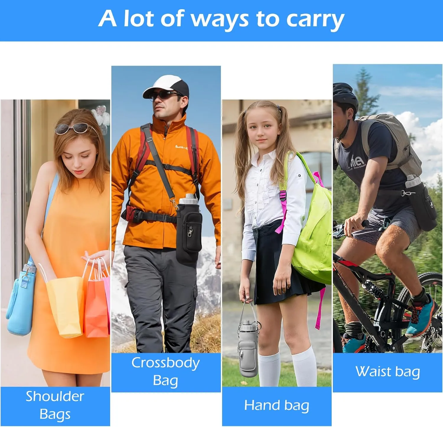 Water Bottle Holder with Strap,Water Bottle Bag,32/40 oz Large Capacity,Adjustable Shoulder Hand Strap,2 Phone Pocket Water Bottle Holder,Water Bottle Accessories for Camping Running Walking