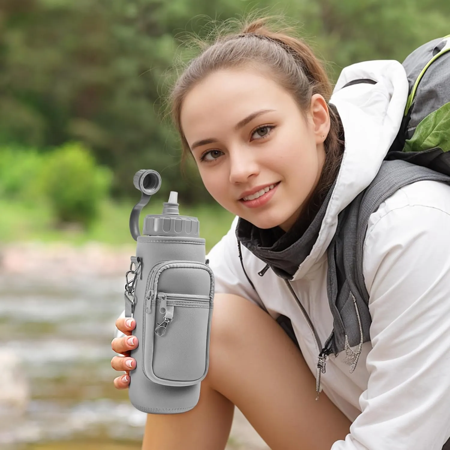 Water Bottle Holder with Strap,Water Bottle Bag,32/40 oz Large Capacity,Adjustable Shoulder Hand Strap,2 Phone Pocket Water Bottle Holder,Water Bottle Accessories for Camping Running Walking