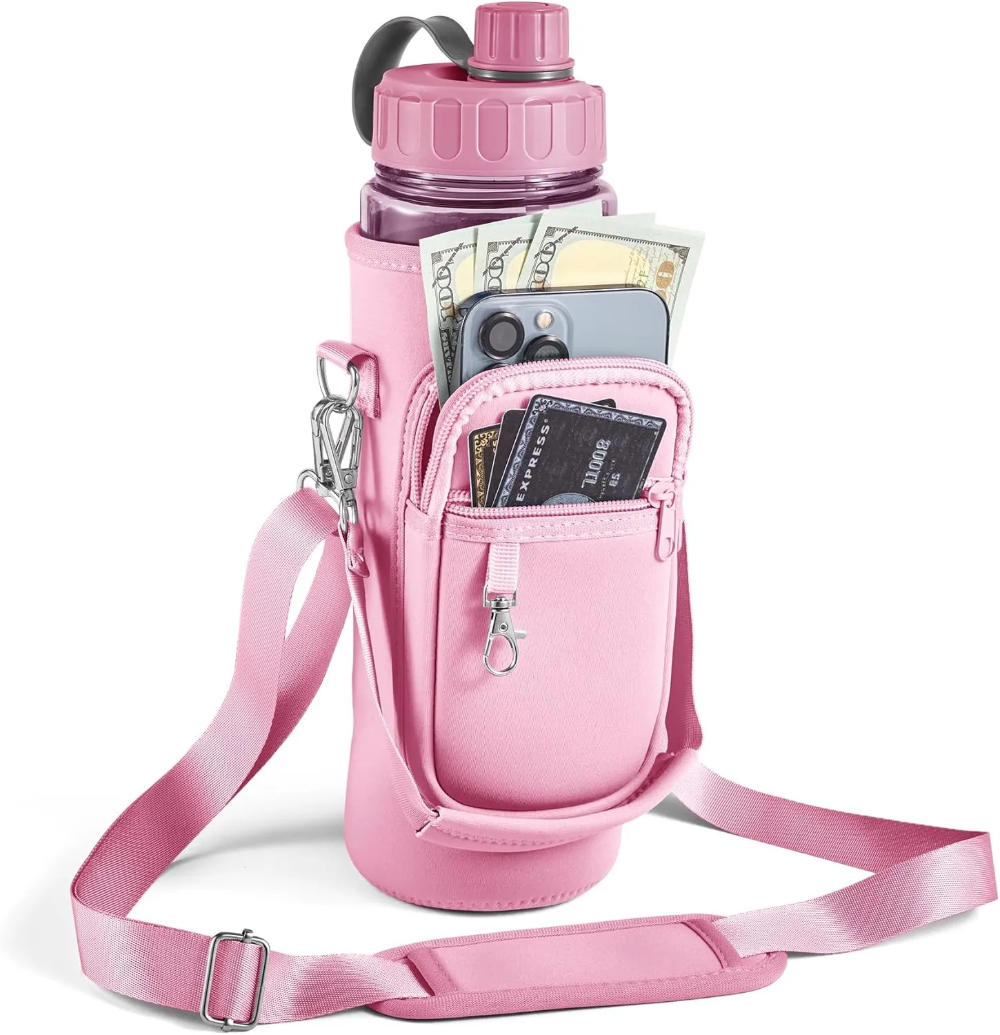 Water Bottle Holder with Strap,Water Bottle Bag,32/40 oz Large Capacity,Adjustable Shoulder Hand Strap,2 Phone Pocket Water Bottle Holder,Water Bottle Accessories for Camping Running Walking
