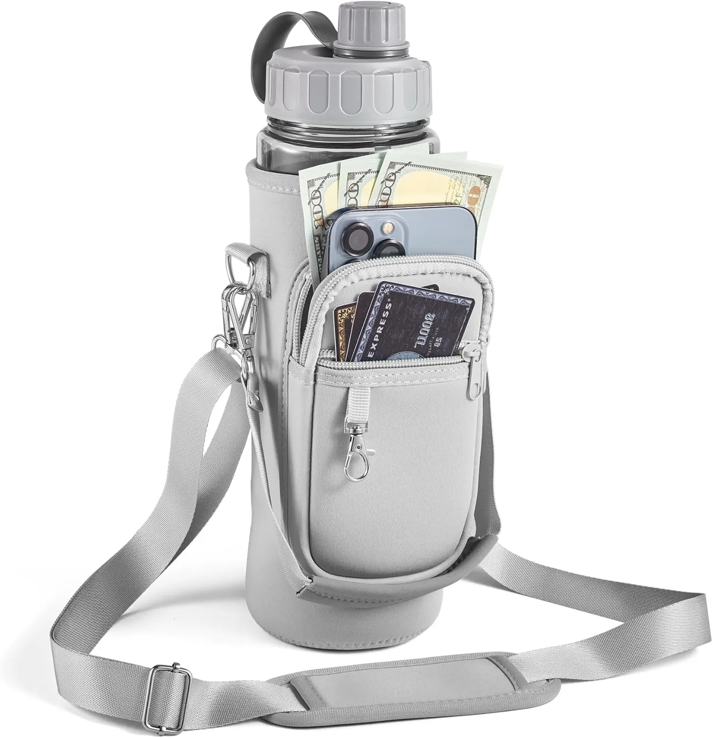 Water Bottle Holder with Strap,Water Bottle Bag,32/40 oz Large Capacity,Adjustable Shoulder Hand Strap,2 Phone Pocket Water Bottle Holder,Water Bottle Accessories for Camping Running Walking
