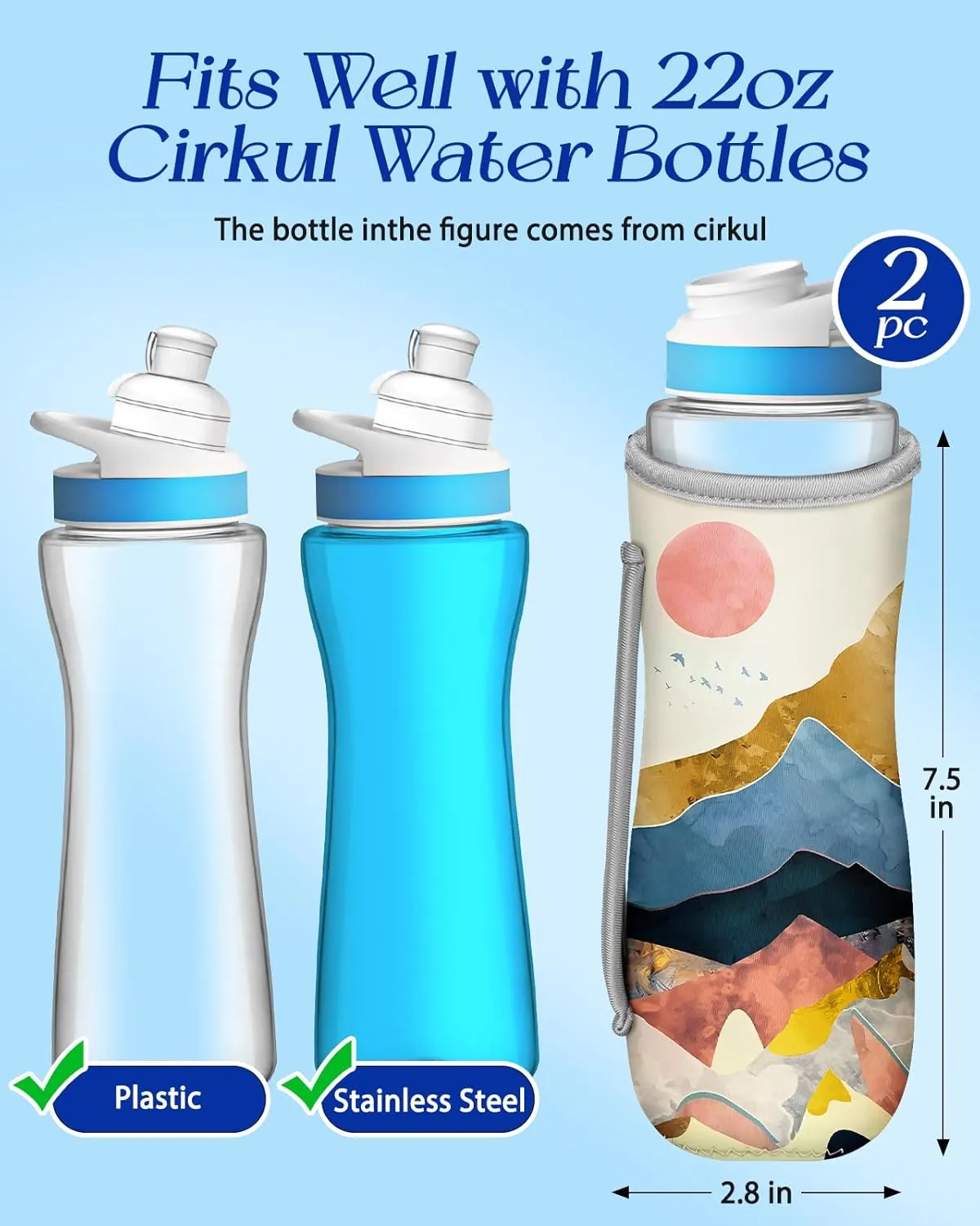 Water Bottle Sleeve for Cirkul 22 oz - 2 Pack Bottles Cover Holder Carrier Bag with Side Handle