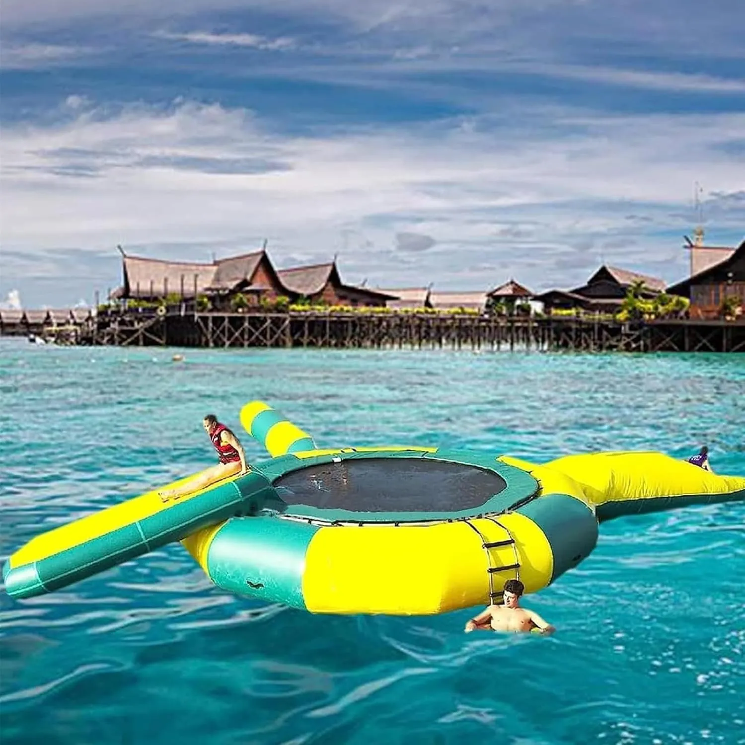Water Inflatable Bouncing Swimming Platform, Inflatable Water Trampoline, Water Park Water Floating Toy with Slide Pontoon Jumping Bag,16FT/5M