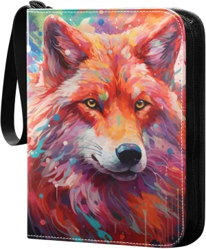 Watercolor Wolf Painting Card Binder 4 Pocket Trading Card Binder Portable Cards Collection Book with Zipper