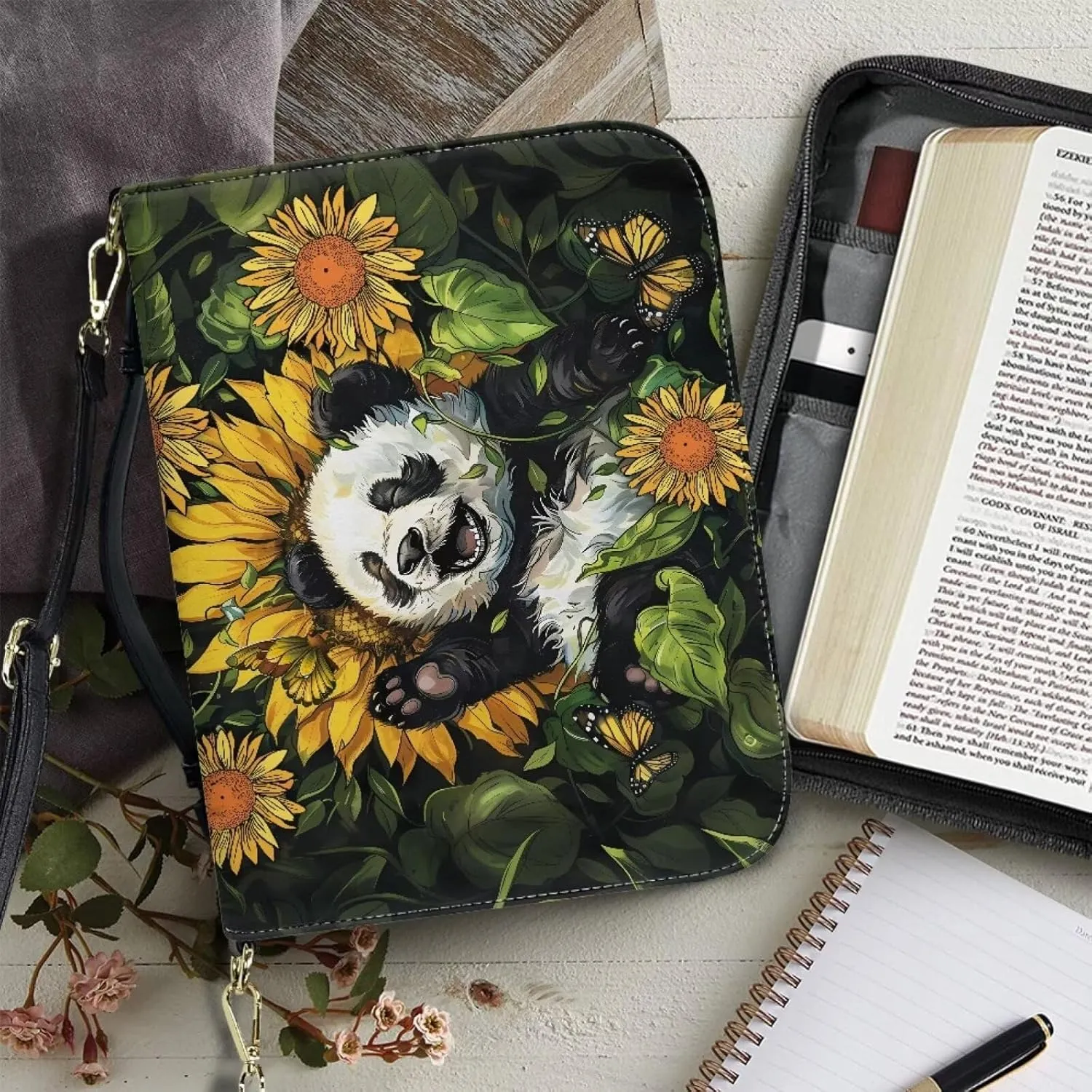 Waterproof Bible Case Bible Covers for Women Crossbody Bag Bible Protective with Handle and Zippered Journal Case,Cute Panda,L
