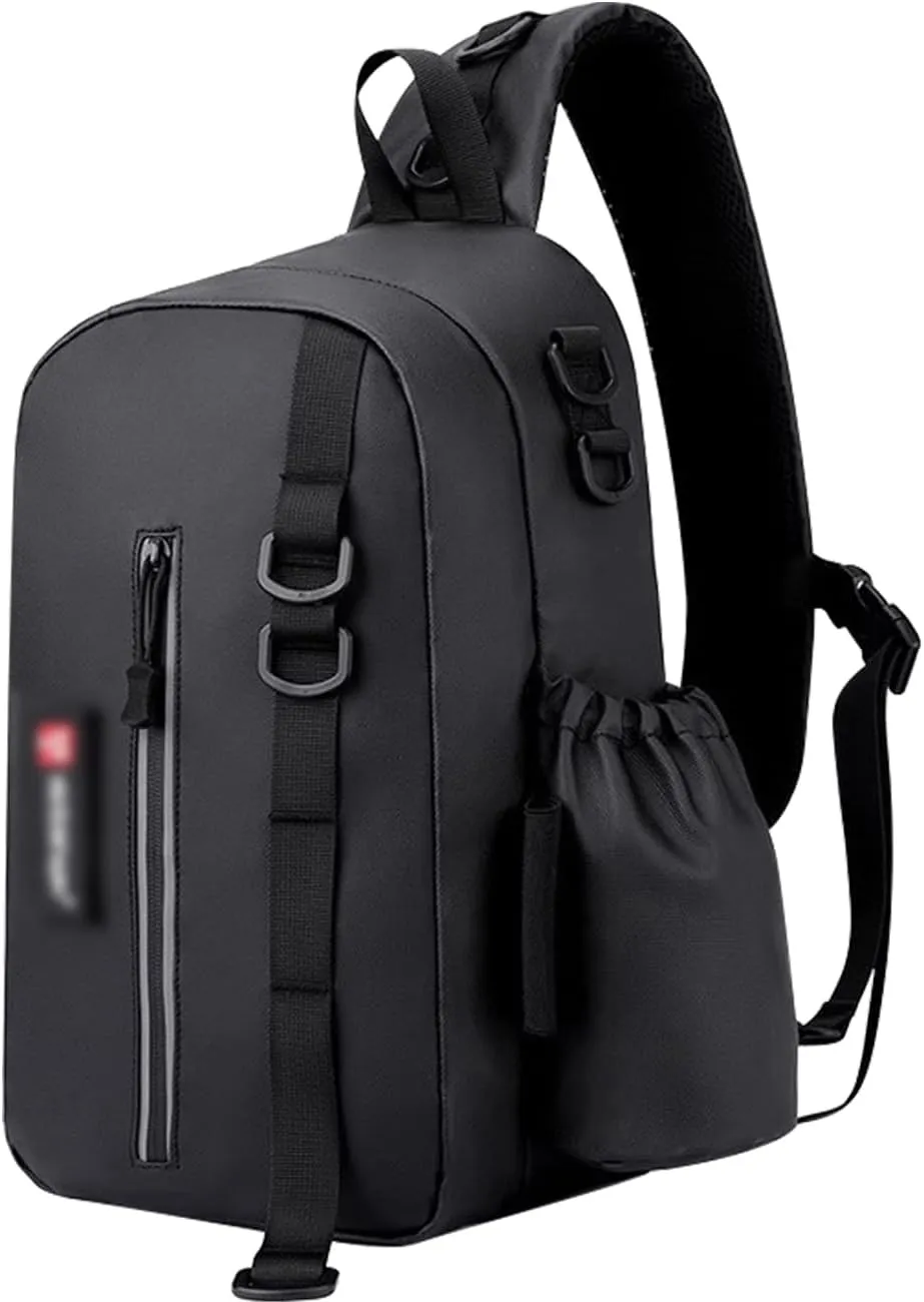 Waterproof Fishing Backpack Tackle Storage Bag With Rod and Cup Holder Lightweight Sling Gear Pack for Outdoor Adventures Black