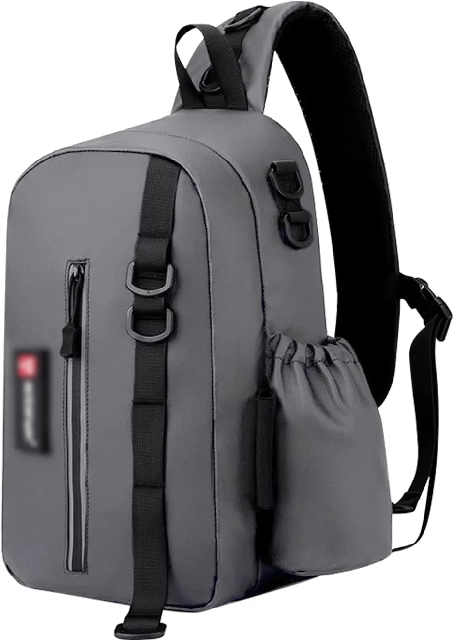 Waterproof Fishing Backpack Tackle Storage Bag With Rod and Cup Holder Lightweight Sling Gear Pack for Outdoor Adventures Gray