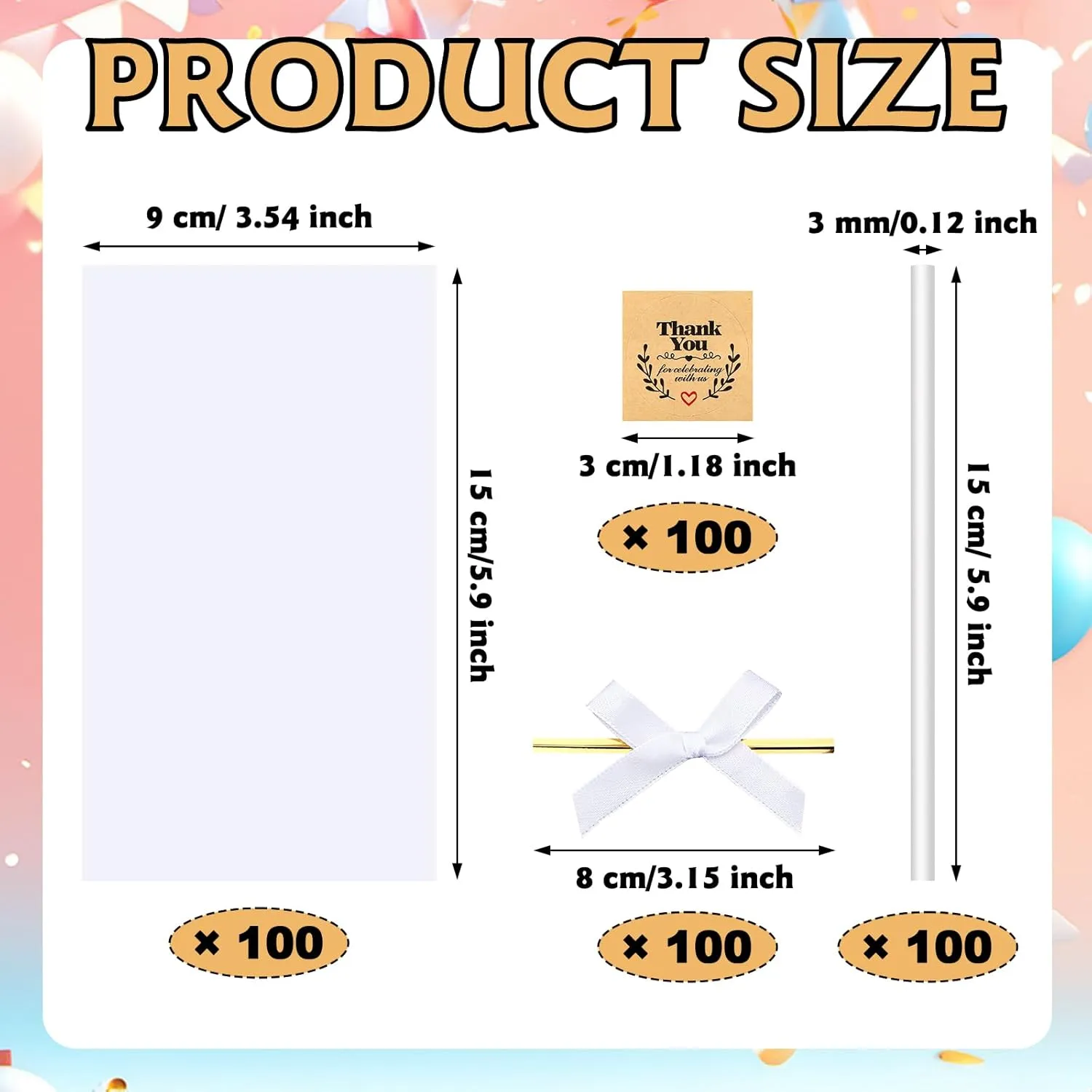 Wavwavw 100 Sets Clear Rice Krispie Treat with Ribbon Bow and Thank You Stickers Flat Cellophane Clear Candy Bags for Rice Krispie Treats Gift Giving Bags(White