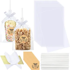 Wavwavw 100 Sets Clear Rice Krispie Treat with Ribbon Bow and Thank You Stickers Flat Cellophane Clear Candy Bags for Rice Krispie Treats Gift Giving Bags(White