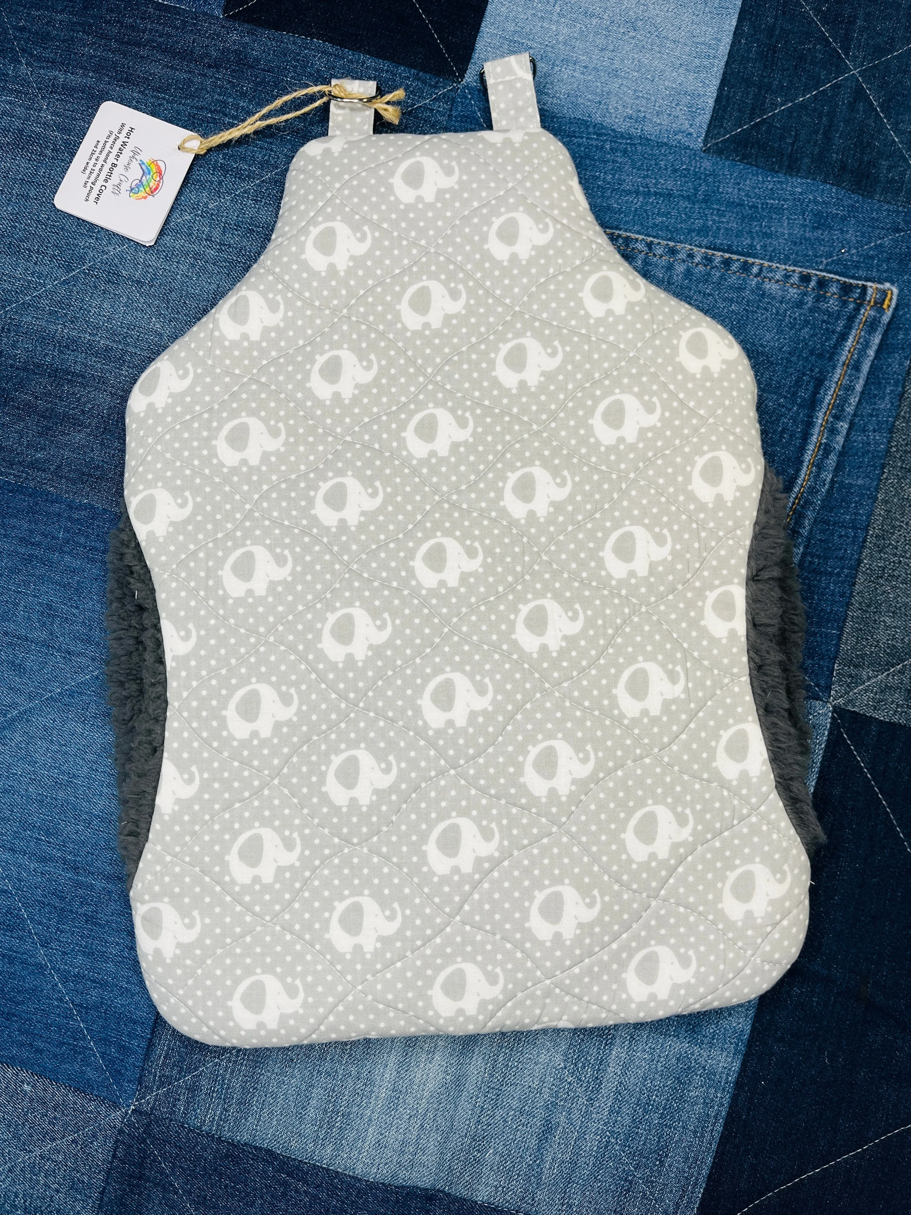 Wearable Hot Water Bottle Cover | Grey & White Elephant
