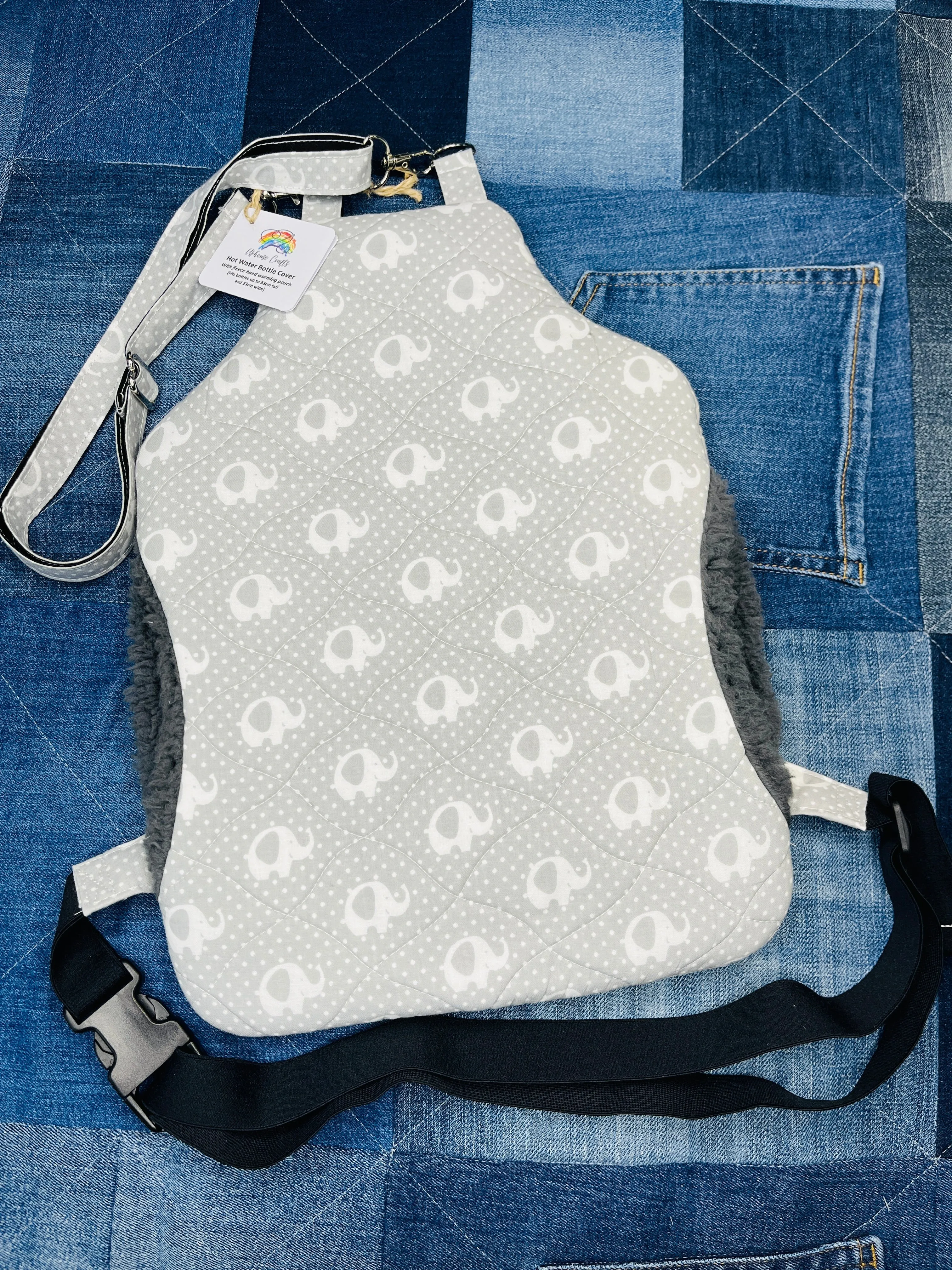 Wearable Hot Water Bottle Cover | Grey & White Elephant