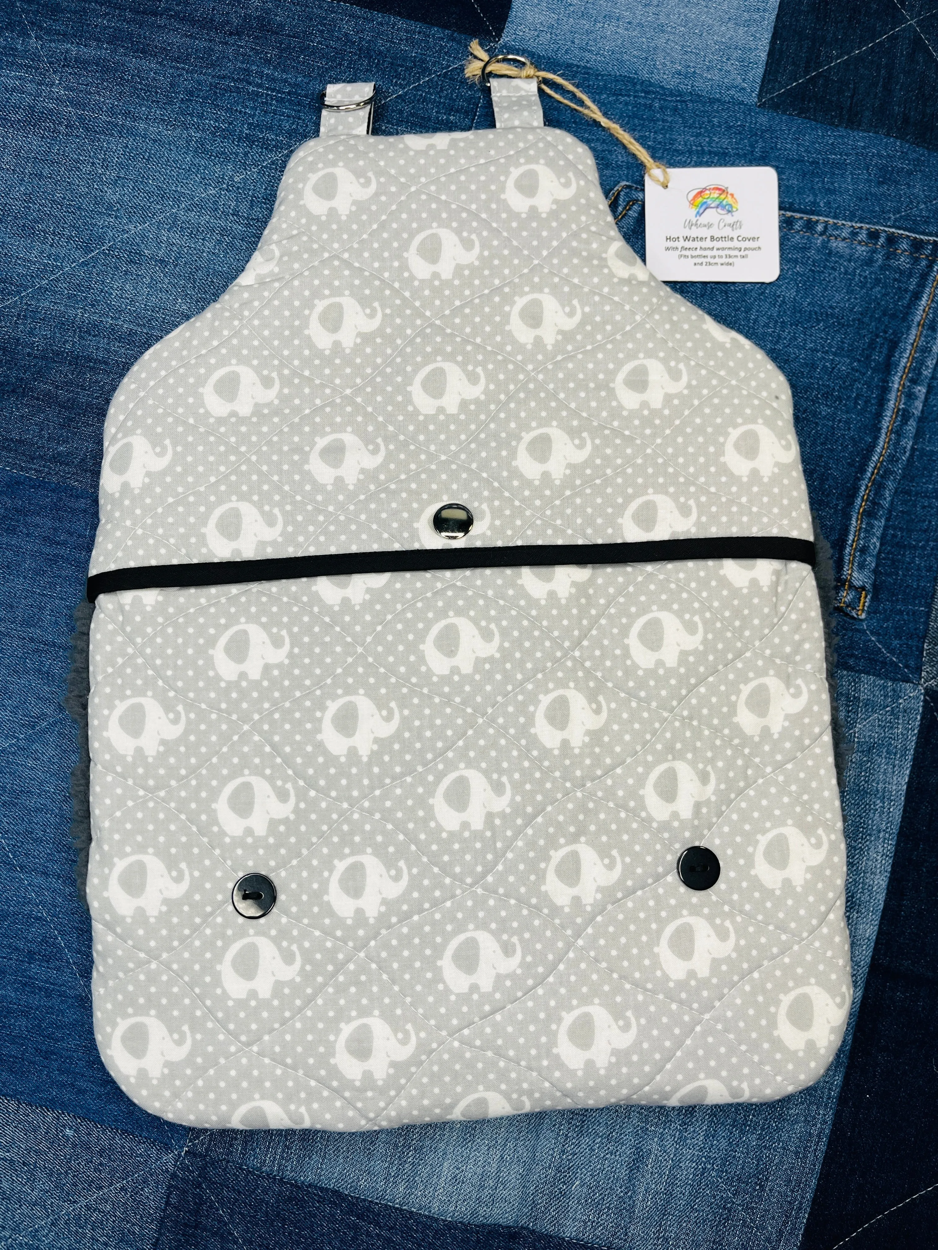 Wearable Hot Water Bottle Cover | Grey & White Elephant