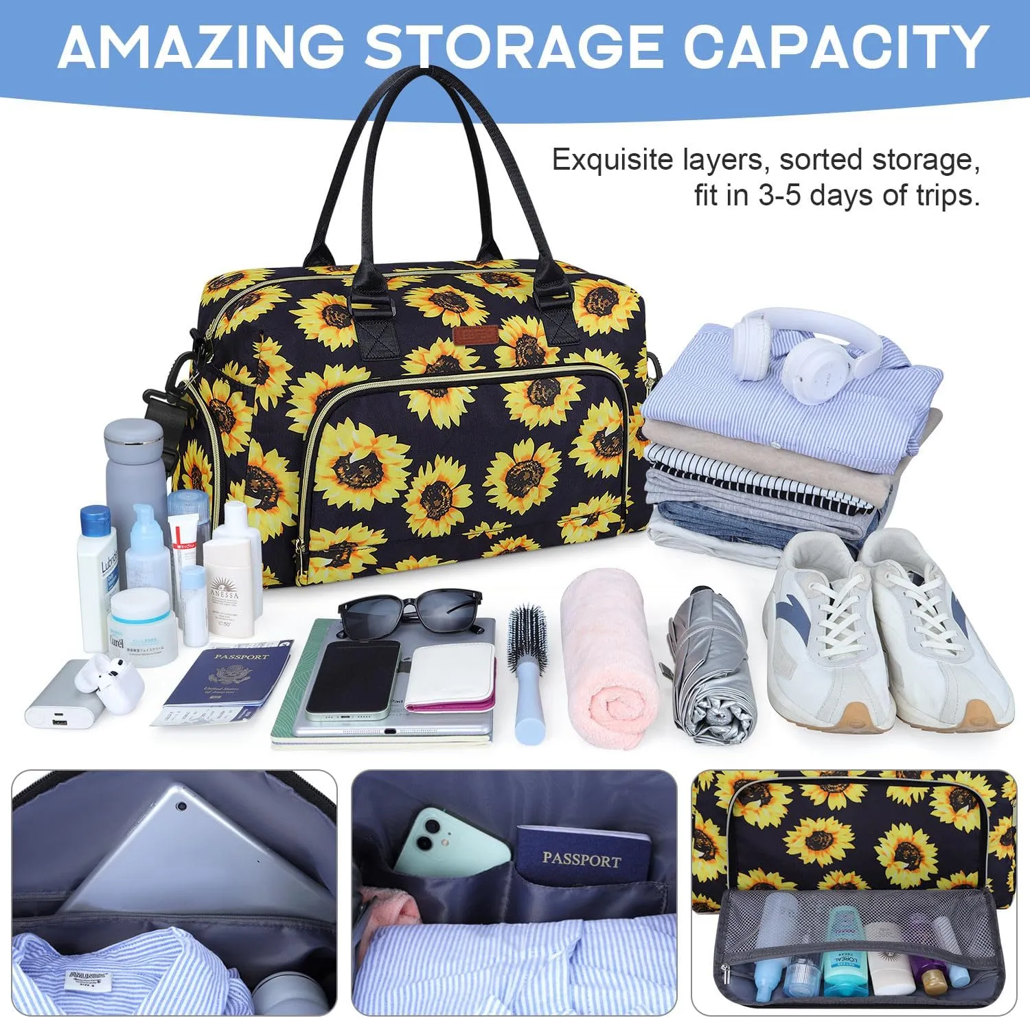 Weekender Bags for Women, LEBFEO Gym Bag for Women with Shoes Compartment, Personal Item Travel Bag, Carry on Overnight Travel Duffel Bag, Hospital Bags for Labor and Delivery, sunflower