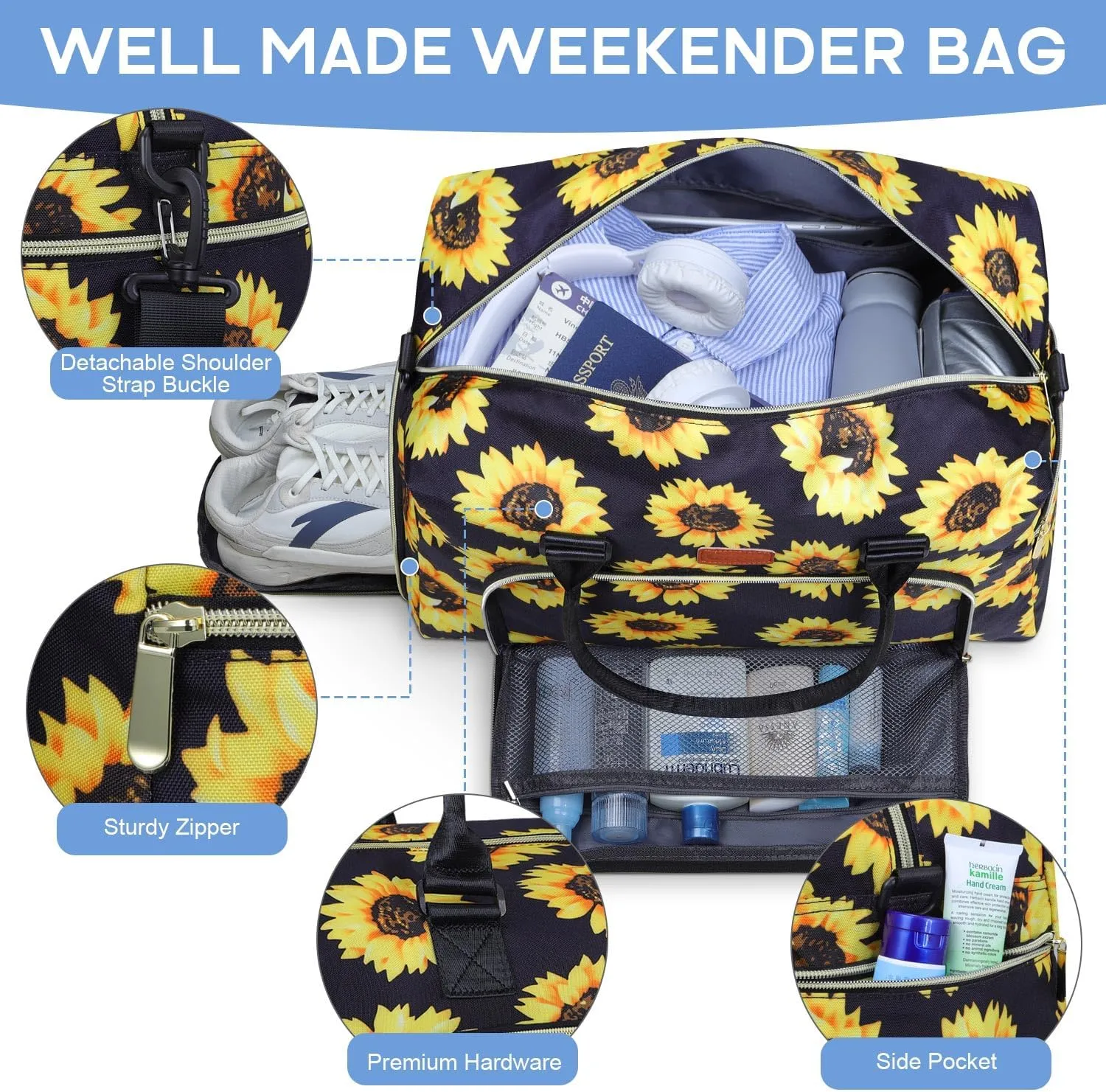 Weekender Bags for Women, LEBFEO Gym Bag for Women with Shoes Compartment, Personal Item Travel Bag, Carry on Overnight Travel Duffel Bag, Hospital Bags for Labor and Delivery, sunflower