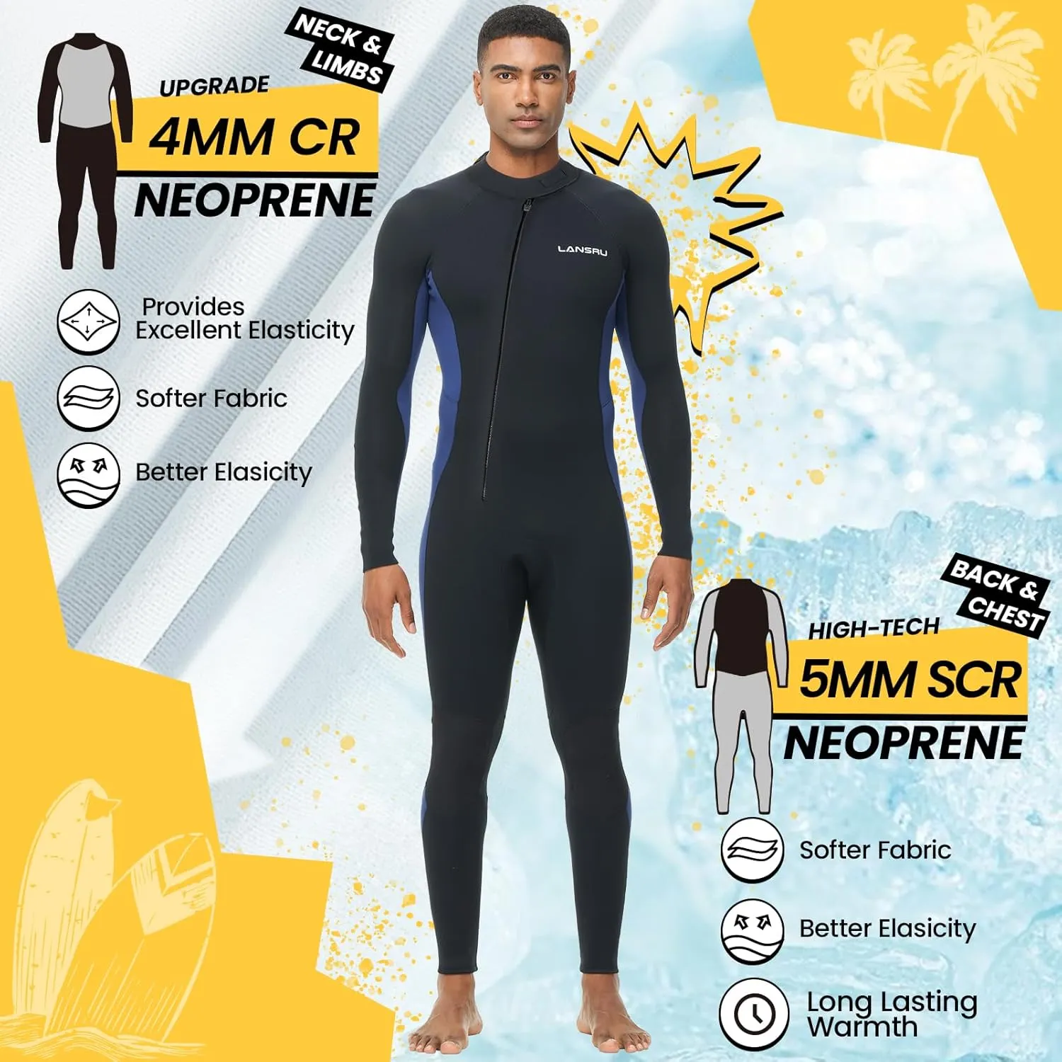 Wetsuit, 5/4mm Upgrade CR Neoprene Wetsuits for Men and Women, Ideal Thermal Wet Suit in Cold Water, Front Zip for Surfing Snorkeling Diving Swimming