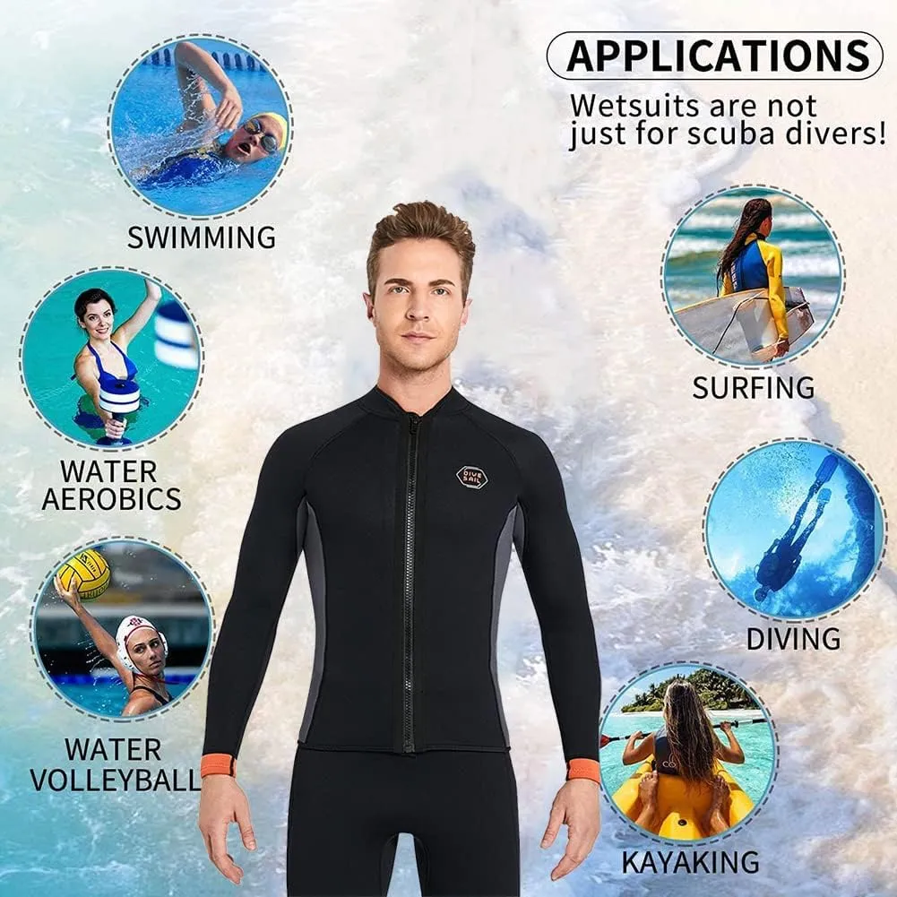Wetsuit Top Jacket Women Men 3MM Neoprene Long Sleeve Dive Scuba Wet Suit Shirt, 2MM 1.5MM Warm Front Zipper Wetsuits Shirts Vest Surfing Swimming Snorkeling Kayaking Suit in Cold Water Sports
