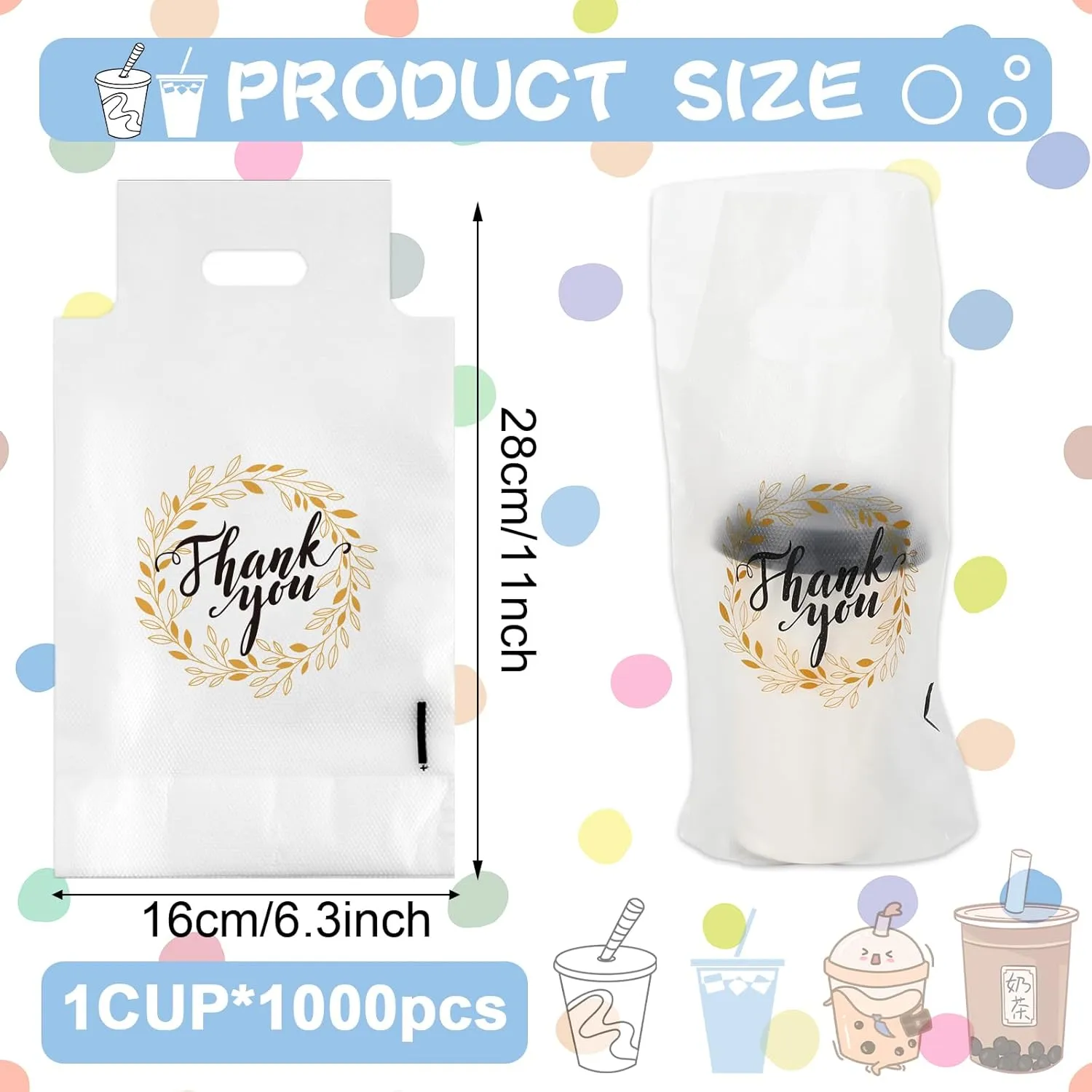 Whaline 1000 Count Thank You Handle Drinking Bags 1 Cup Handle Drink Carriers Plastic Packaging Poly Bags for Delivery Take Out Cup Holder Beverage Coffee Juice Milk Tea Stores, 11 x 6.3 Inch