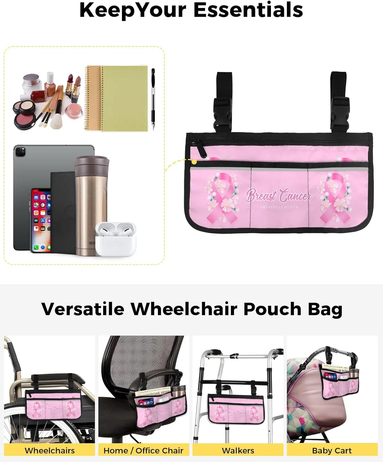 Wheelchair Side Storage Bag Pink Ribbon and Flower Breast Cancer Awareness Armrest Pouch with Cup Holder and Reflective Strip Wheelchair Accessories Organizer Bags for Walkers Rollator
