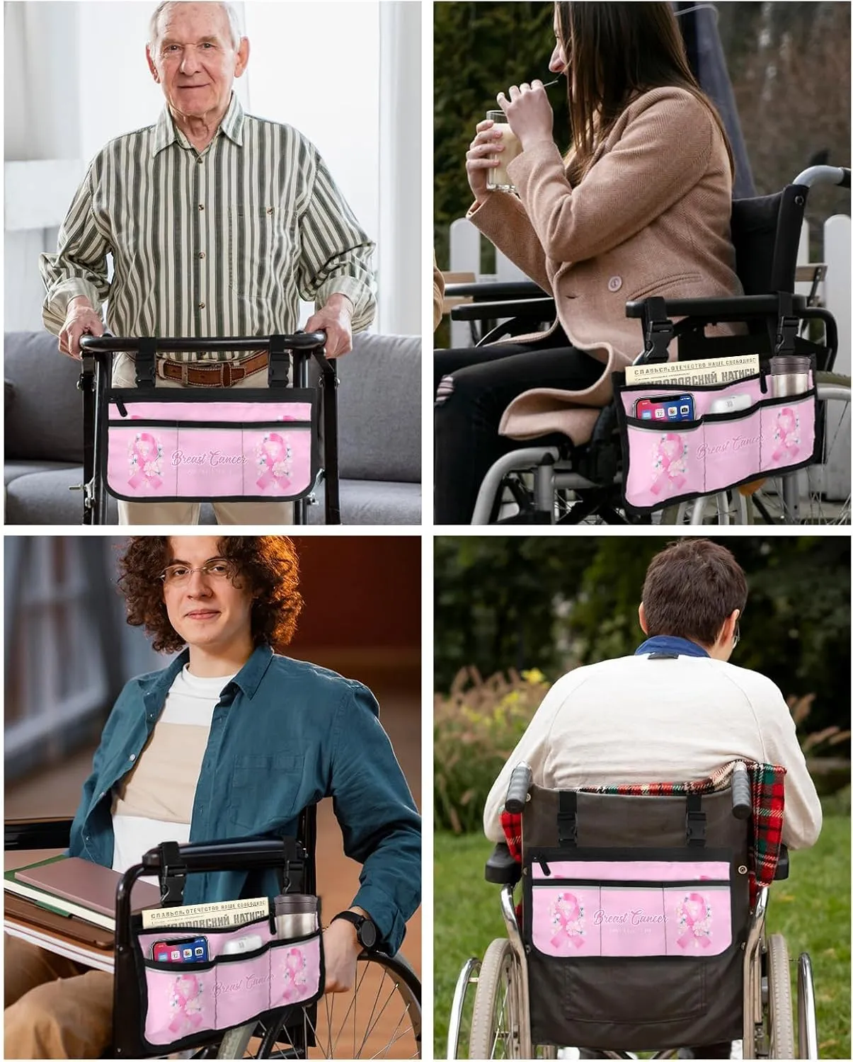 Wheelchair Side Storage Bag Pink Ribbon and Flower Breast Cancer Awareness Armrest Pouch with Cup Holder and Reflective Strip Wheelchair Accessories Organizer Bags for Walkers Rollator