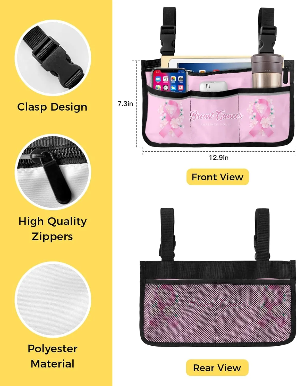 Wheelchair Side Storage Bag Pink Ribbon and Flower Breast Cancer Awareness Armrest Pouch with Cup Holder and Reflective Strip Wheelchair Accessories Organizer Bags for Walkers Rollator