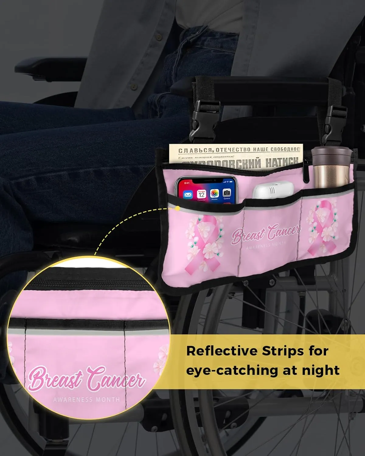 Wheelchair Side Storage Bag Pink Ribbon and Flower Breast Cancer Awareness Armrest Pouch with Cup Holder and Reflective Strip Wheelchair Accessories Organizer Bags for Walkers Rollator