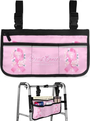 Wheelchair Side Storage Bag Pink Ribbon and Flower Breast Cancer Awareness Armrest Pouch with Cup Holder and Reflective Strip Wheelchair Accessories Organizer Bags for Walkers Rollator