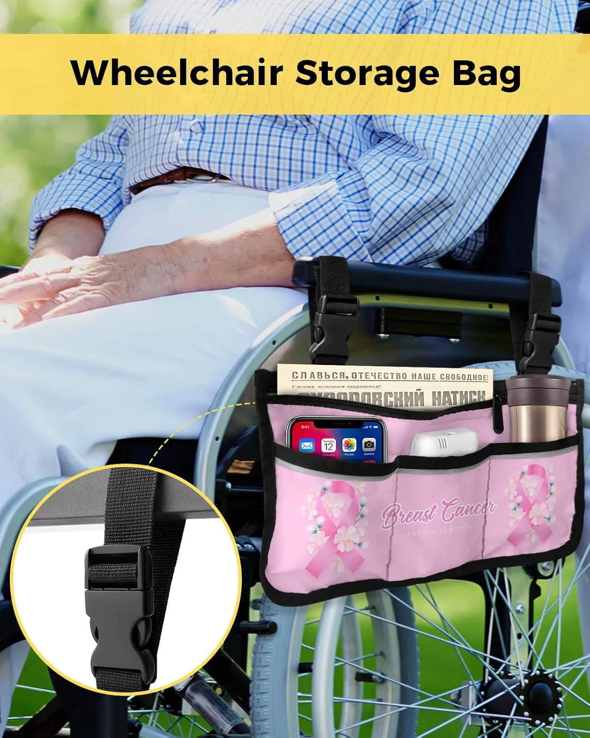 Wheelchair Side Storage Bag Pink Ribbon and Flower Breast Cancer Awareness Armrest Pouch with Cup Holder and Reflective Strip Wheelchair Accessories Organizer Bags for Walkers Rollator