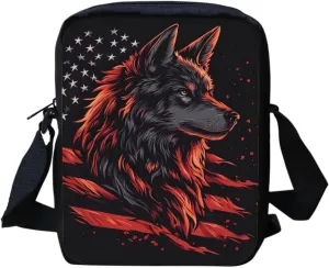 Wolf Crossbody Bag Men American Flag Small Messenger Bag Canvas Tote Bag Large Capacity Tops Purse Cellphone Case