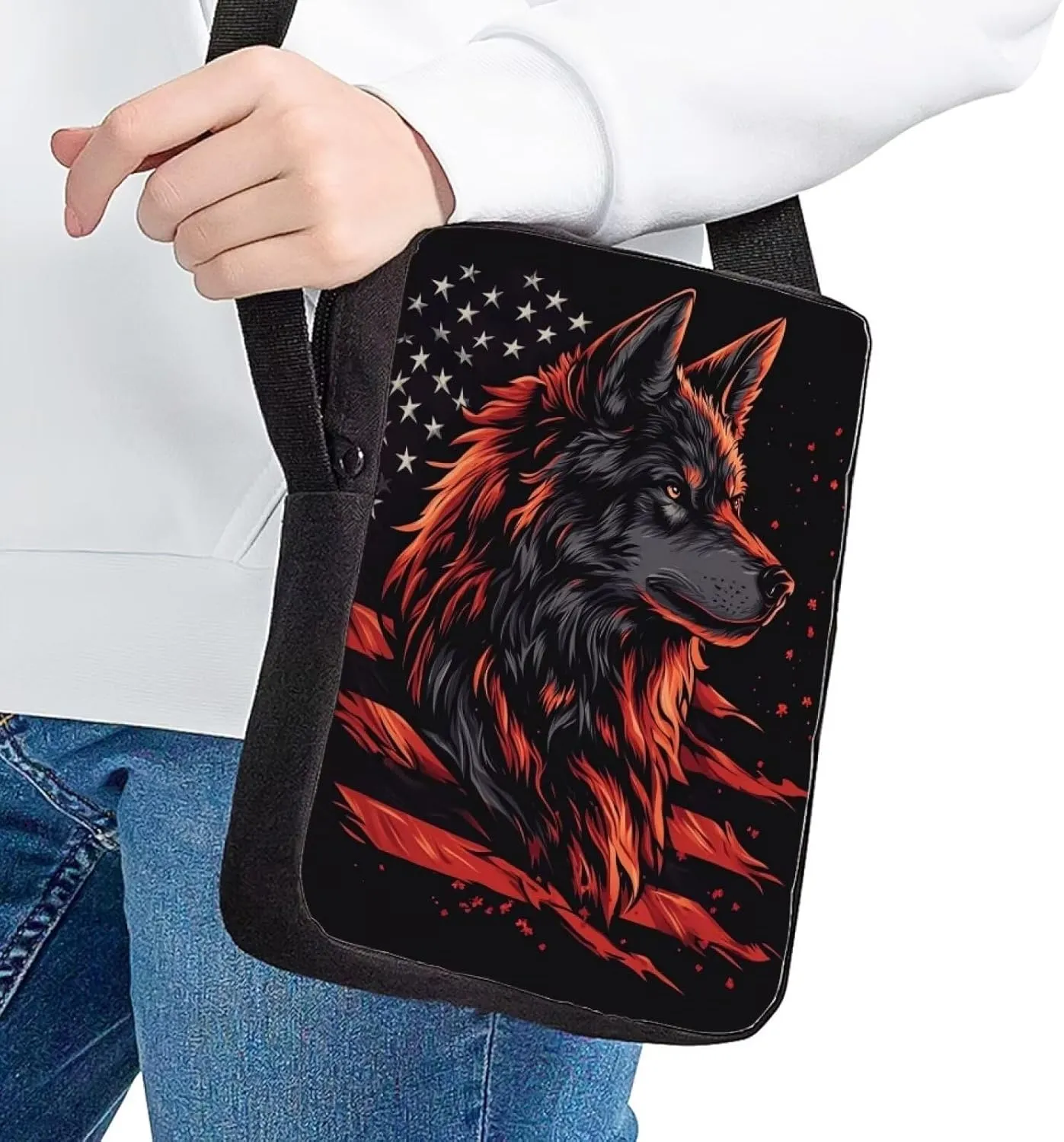 Wolf Crossbody Bag Men American Flag Small Messenger Bag Canvas Tote Bag Large Capacity Tops Purse Cellphone Case