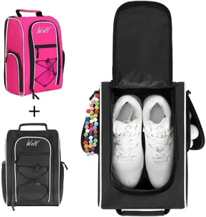 Wolt 2 Pcs Golf Shoe Bag for Travel- Zippered Shoes Carrier Bags with Ventilation & Double Outside Accessory Pocket for Socks, Tees, Golf Balls, etc. for women and men (Black Pink)