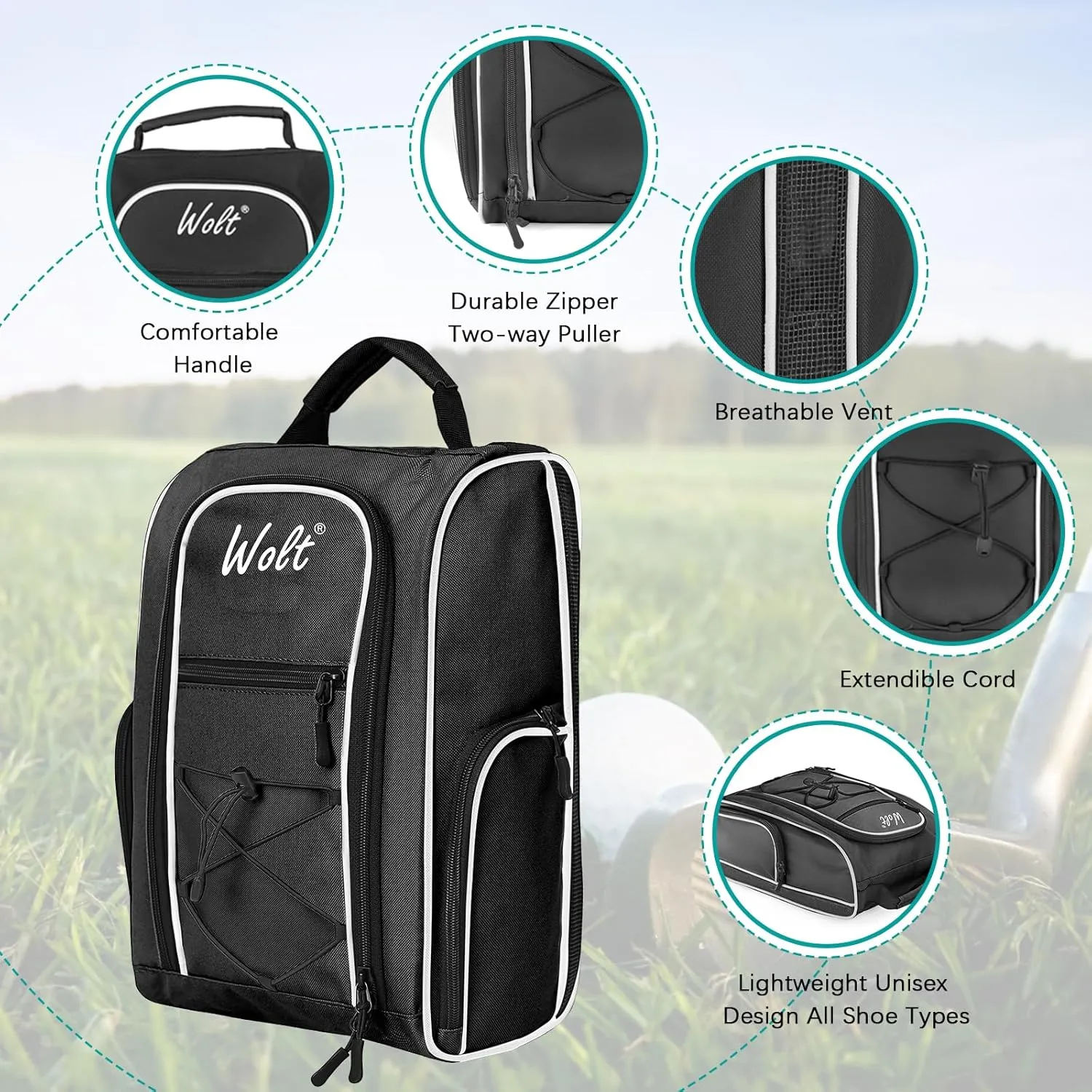 Wolt 2 Pcs Golf Shoe Bag for Travel- Zippered Shoes Carrier Bags with Ventilation & Double Outside Accessory Pocket for Socks, Tees, Golf Balls, etc. for women and men (Black Pink)