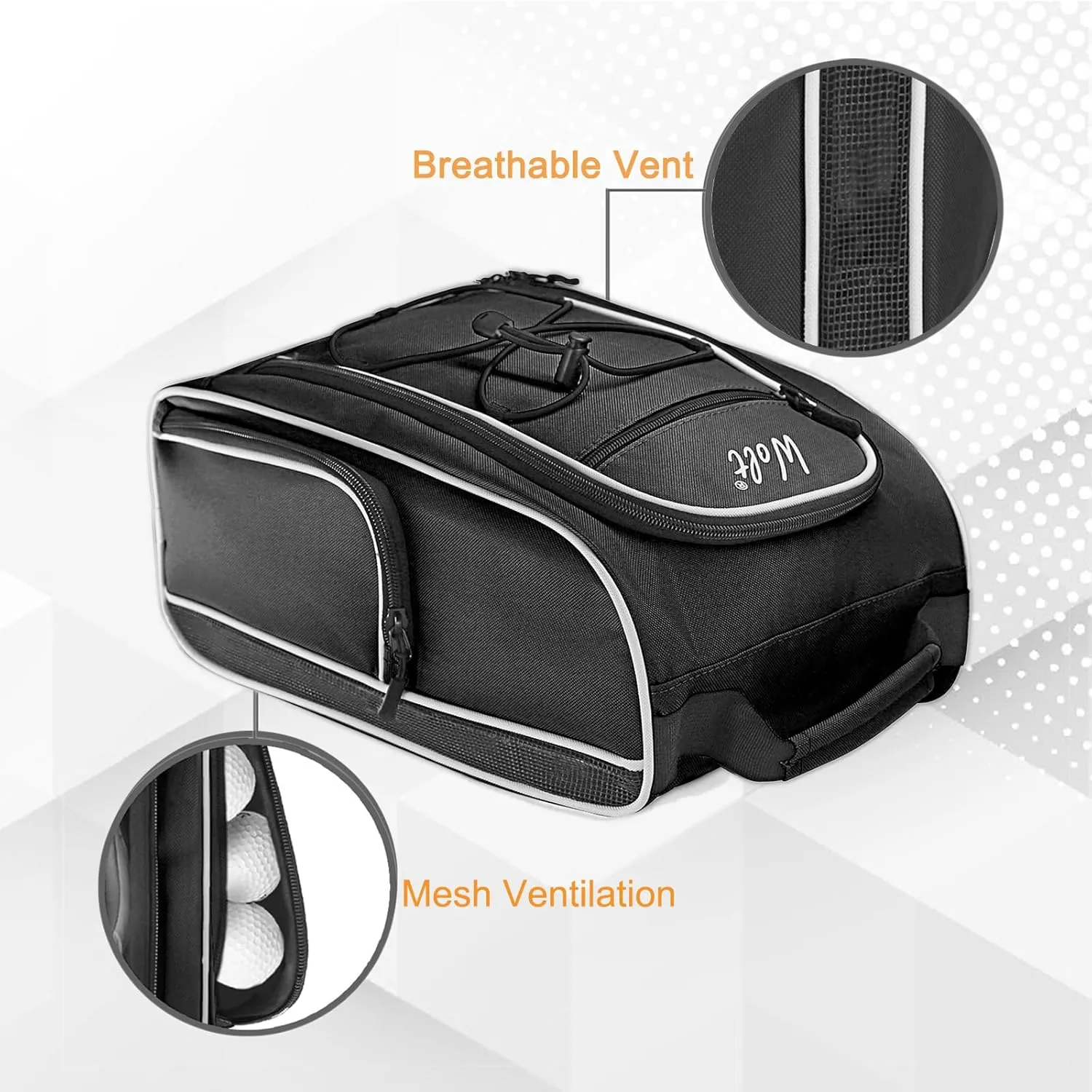 Wolt 2 Pcs Golf Shoe Bag for Travel- Zippered Shoes Carrier Bags with Ventilation & Double Outside Accessory Pocket for Socks, Tees, Golf Balls, etc. for women and men (Black Pink)