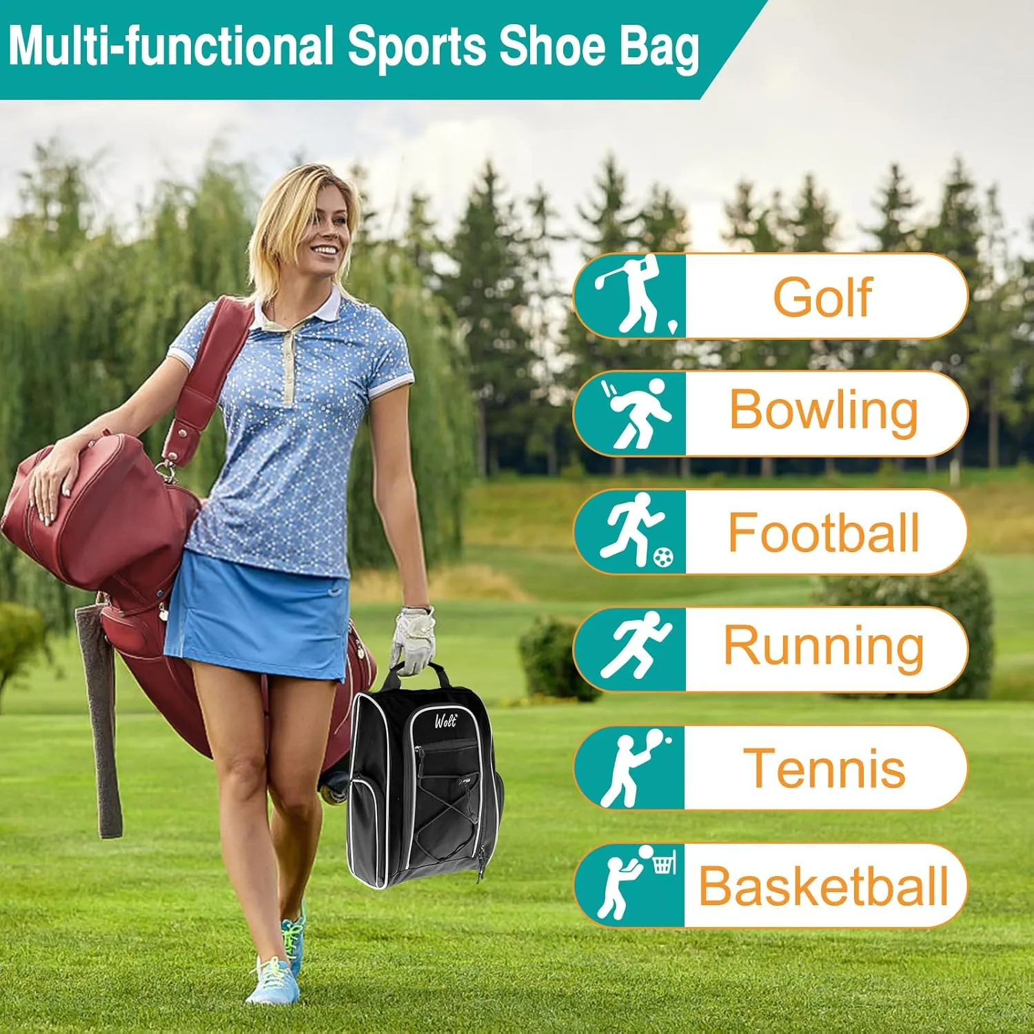 Wolt 2 Pcs Golf Shoe Bag for Travel- Zippered Shoes Carrier Bags with Ventilation & Double Outside Accessory Pocket for Socks, Tees, Golf Balls, etc. for women and men (Black Pink)