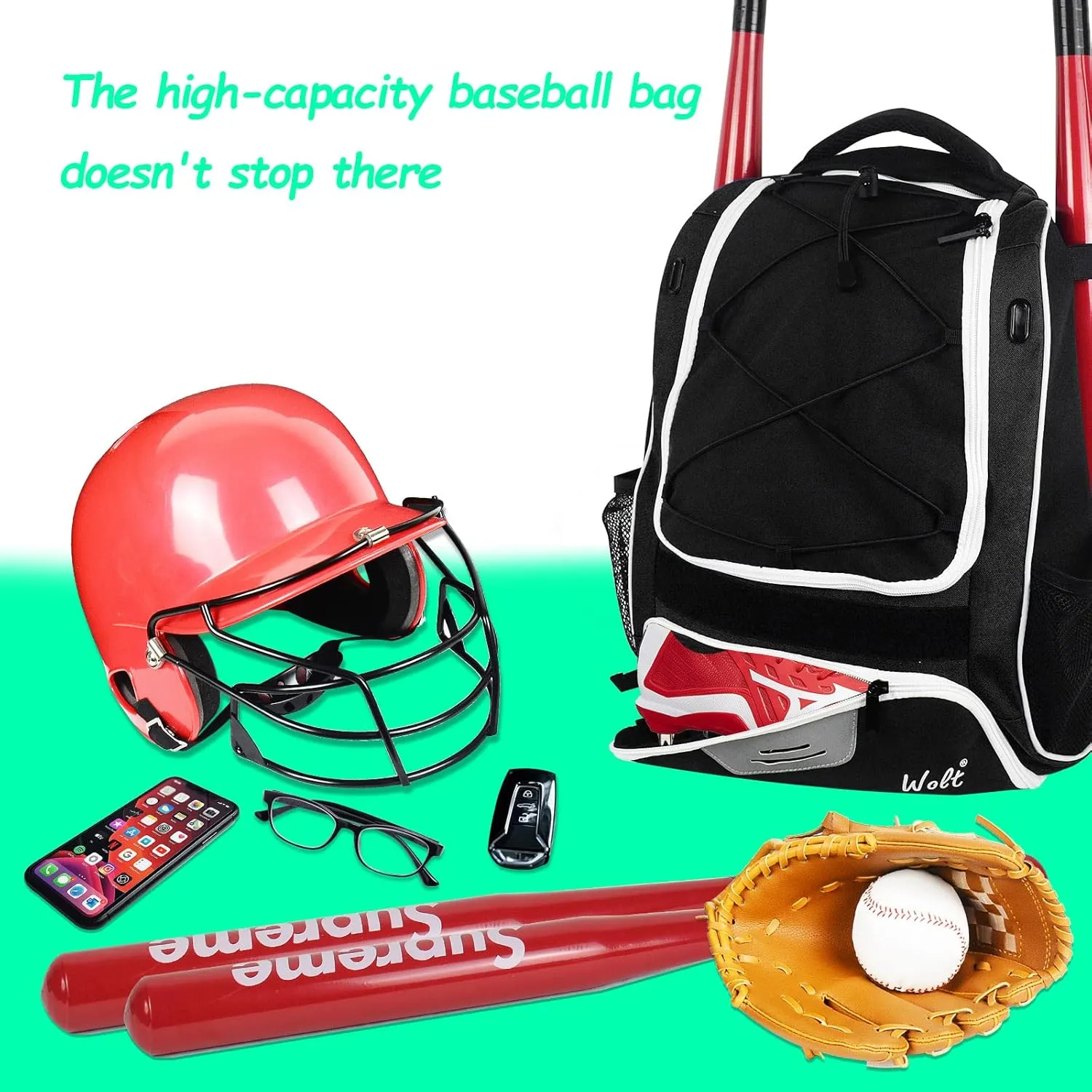 WOLT Youth Baseball Bag - Bat Backpack for Baseball, T-Ball & Softball Equipment & Gear, Bat & Glove Holder, Large Main Compartment for Helmet & accessories, Separate Shoes Compartment, Fence Hook