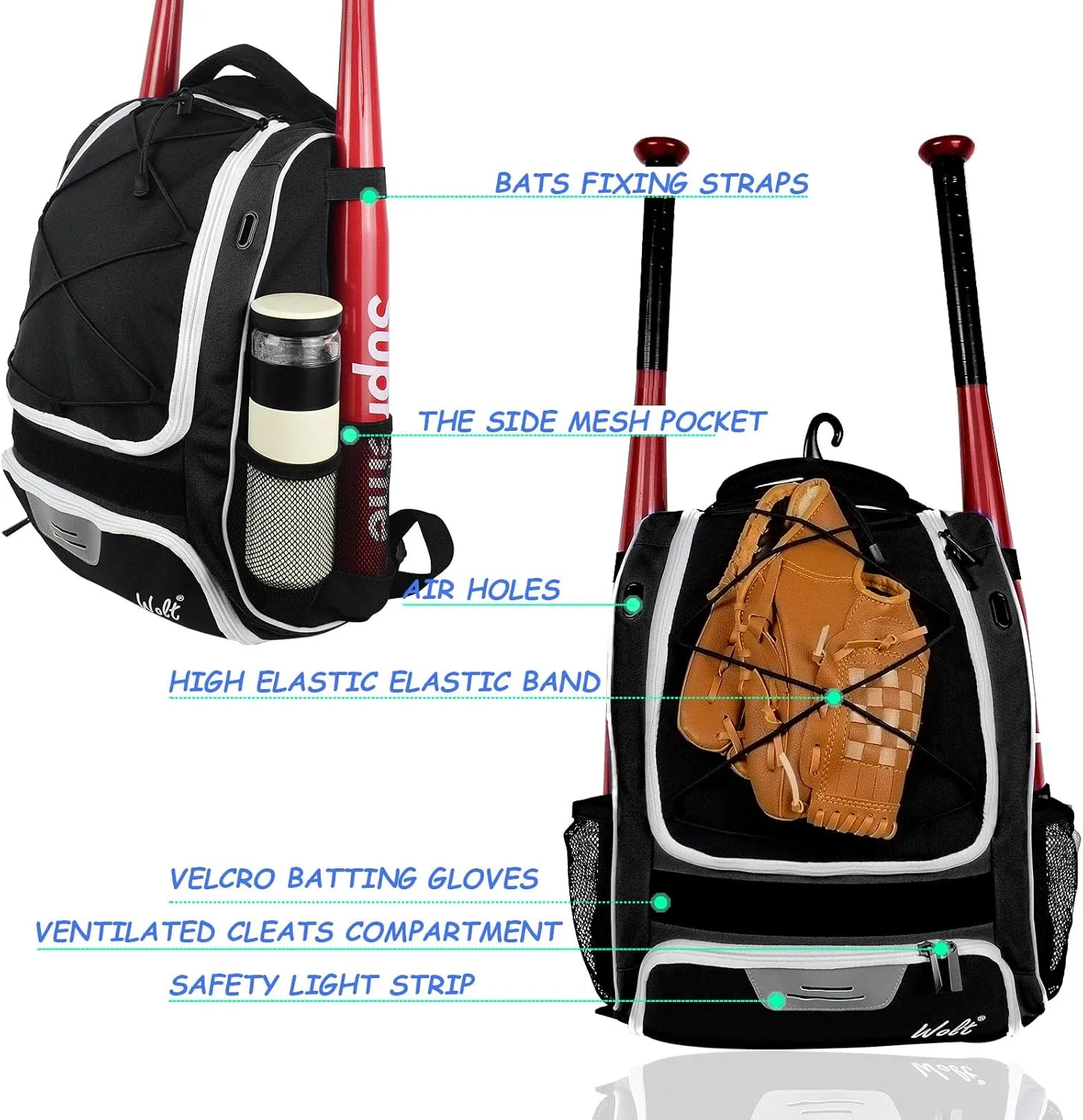 WOLT Youth Baseball Bag - Bat Backpack for Baseball, T-Ball & Softball Equipment & Gear, Bat & Glove Holder, Large Main Compartment for Helmet & accessories, Separate Shoes Compartment, Fence Hook