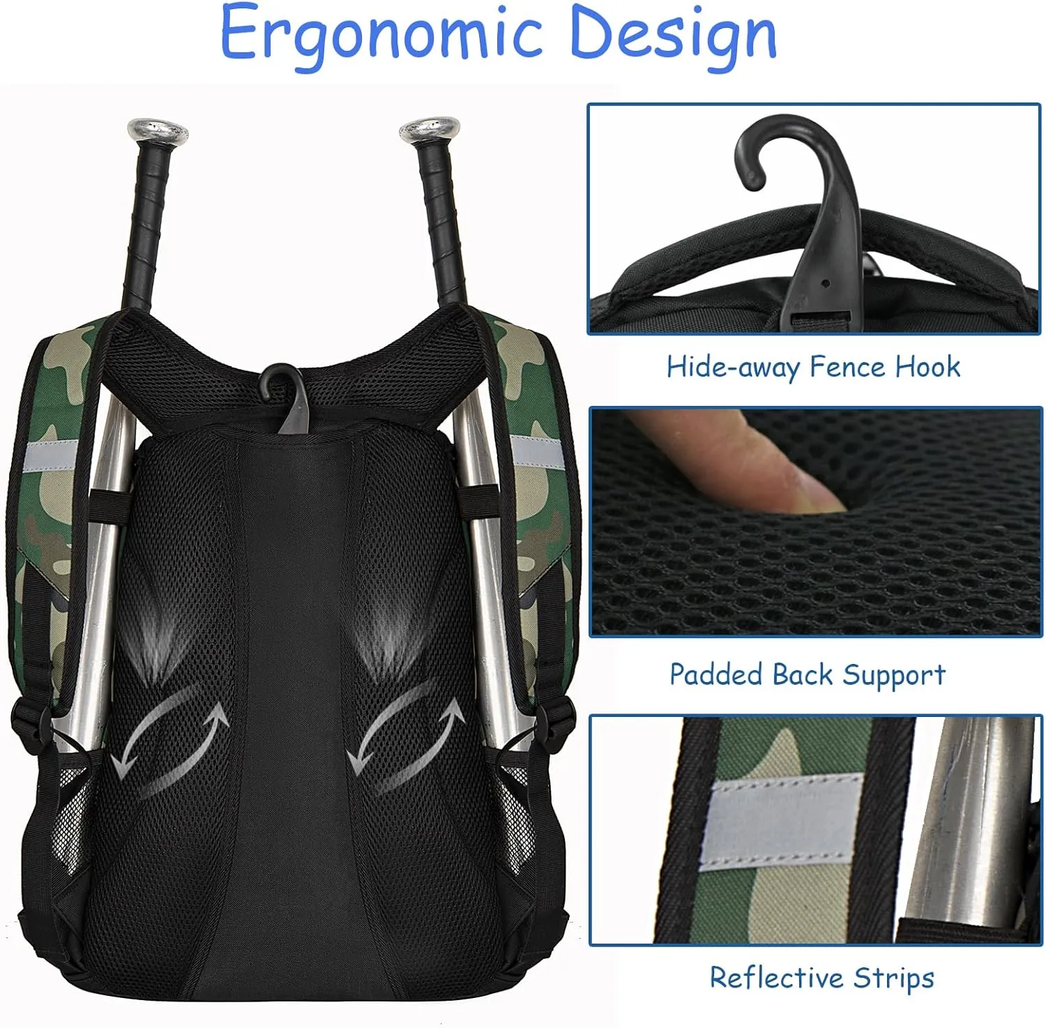 WOLT Youth Baseball Bag - Bat Backpack for Baseball, T-Ball & Softball Equipment & Gear, Bat & Glove Holder, Large Main Compartment for Helmet & accessories, Separate Shoes Compartment, Fence Hook