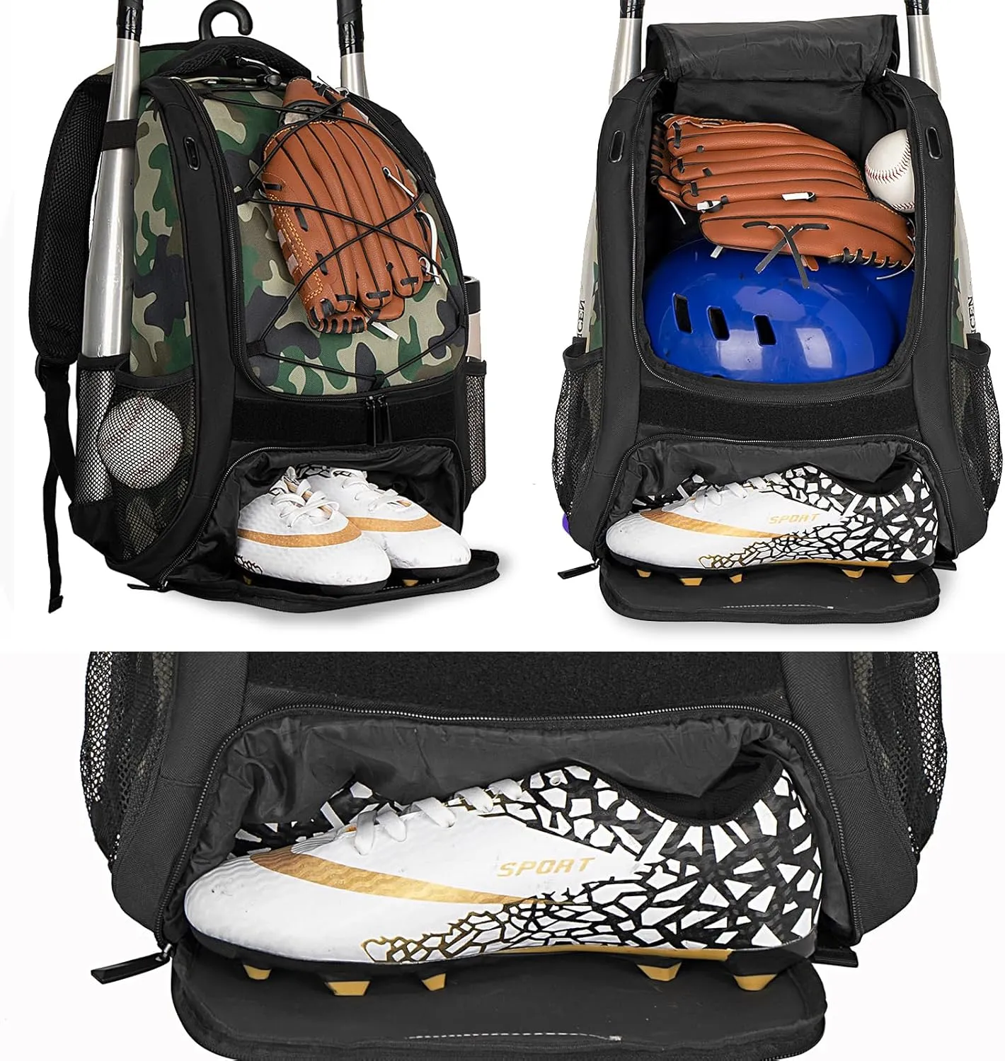 WOLT Youth Baseball Bag - Bat Backpack for Baseball, T-Ball & Softball Equipment & Gear, Bat & Glove Holder, Large Main Compartment for Helmet & accessories, Separate Shoes Compartment, Fence Hook