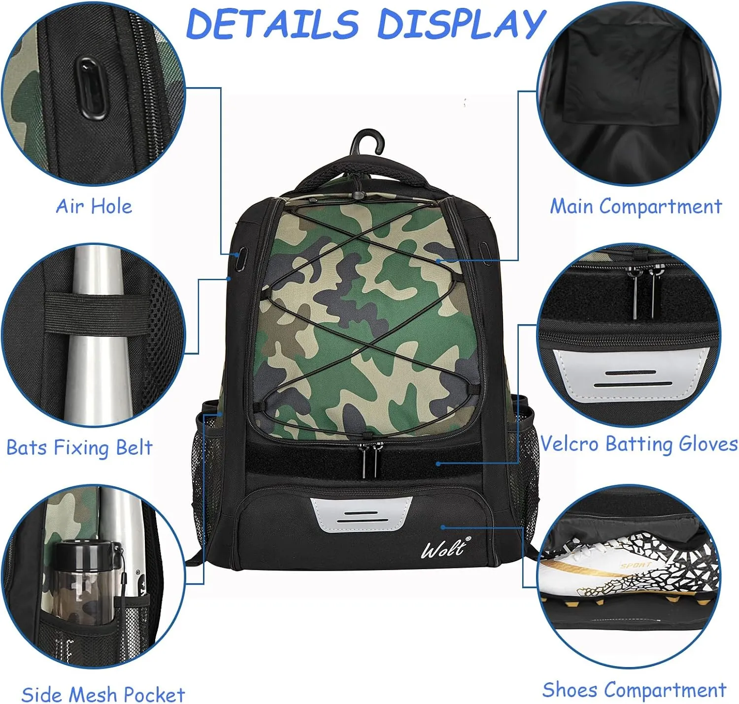 WOLT Youth Baseball Bag - Bat Backpack for Baseball, T-Ball & Softball Equipment & Gear, Bat & Glove Holder, Large Main Compartment for Helmet & accessories, Separate Shoes Compartment, Fence Hook