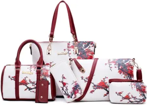Women Handbag Set 6 Pcs PU Leather Tote Purse Elegant Shoulder Bags and Clutch