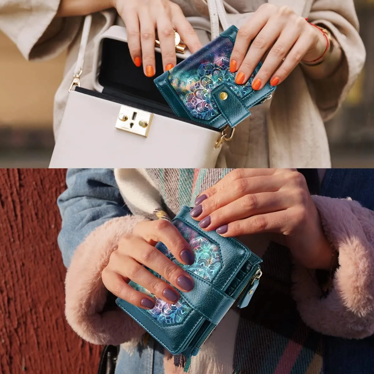 Women Leather Wallet RFID Blocking Small Bifold Zipper Pocket Wallet Card Case Purse with ID Window,Mandala Nebula