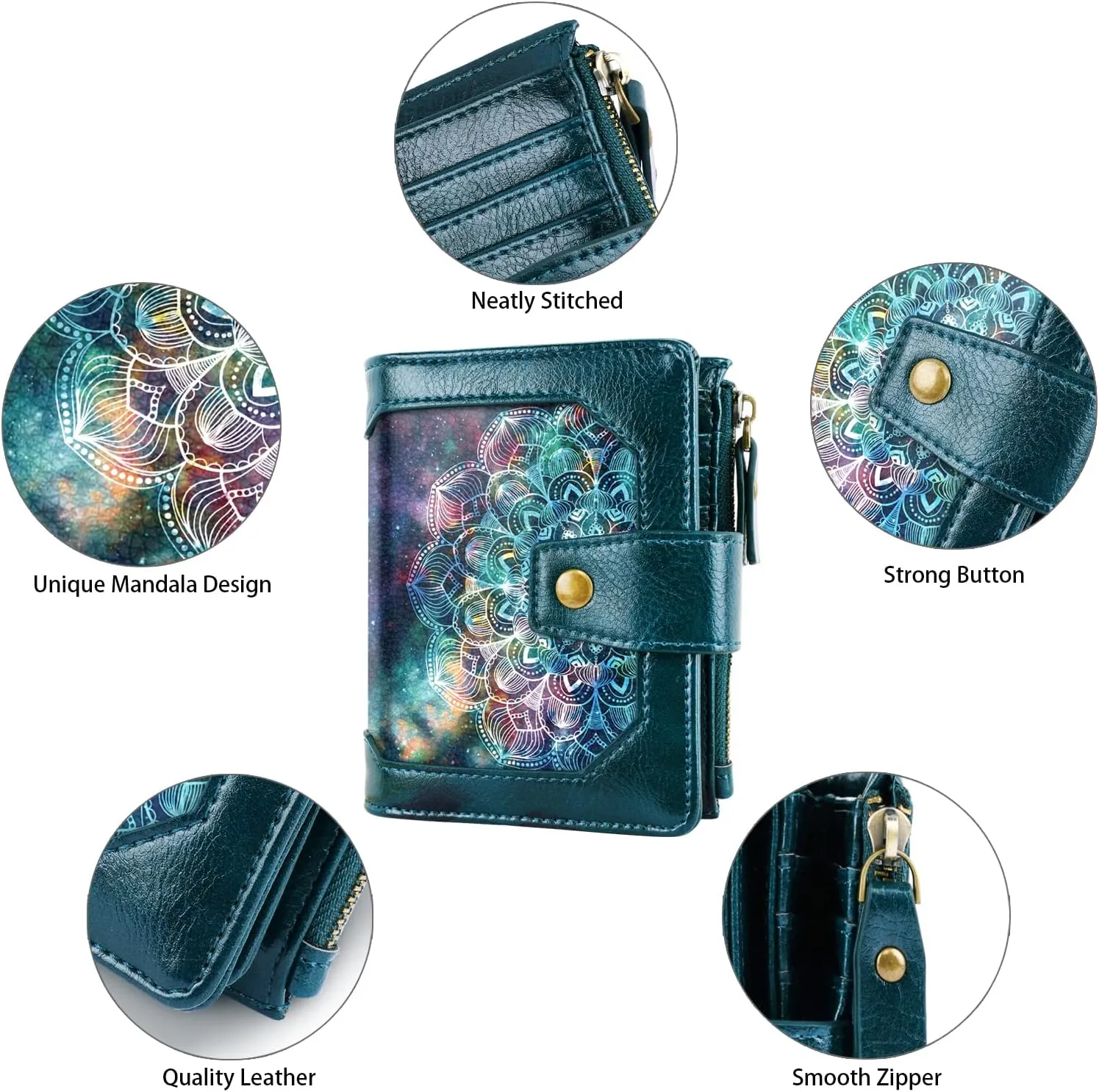 Women Leather Wallet RFID Blocking Small Bifold Zipper Pocket Wallet Card Case Purse with ID Window,Mandala Nebula