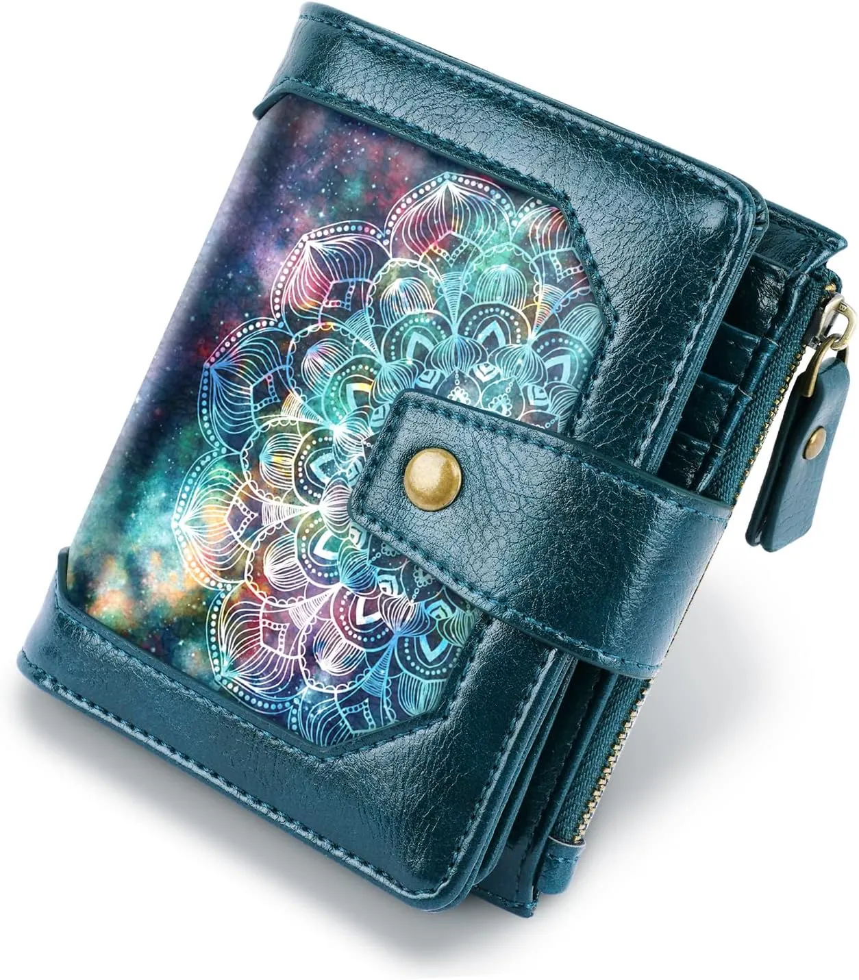 Women Leather Wallet RFID Blocking Small Bifold Zipper Pocket Wallet Card Case Purse with ID Window,Mandala Nebula