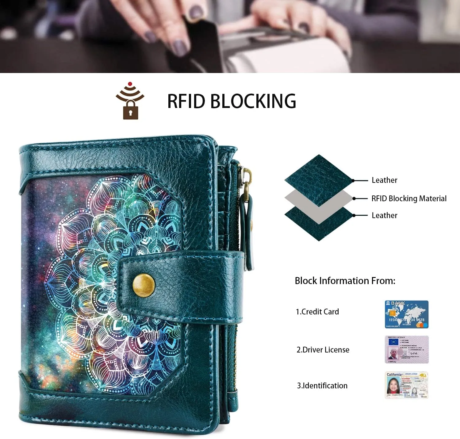Women Leather Wallet RFID Blocking Small Bifold Zipper Pocket Wallet Card Case Purse with ID Window,Mandala Nebula