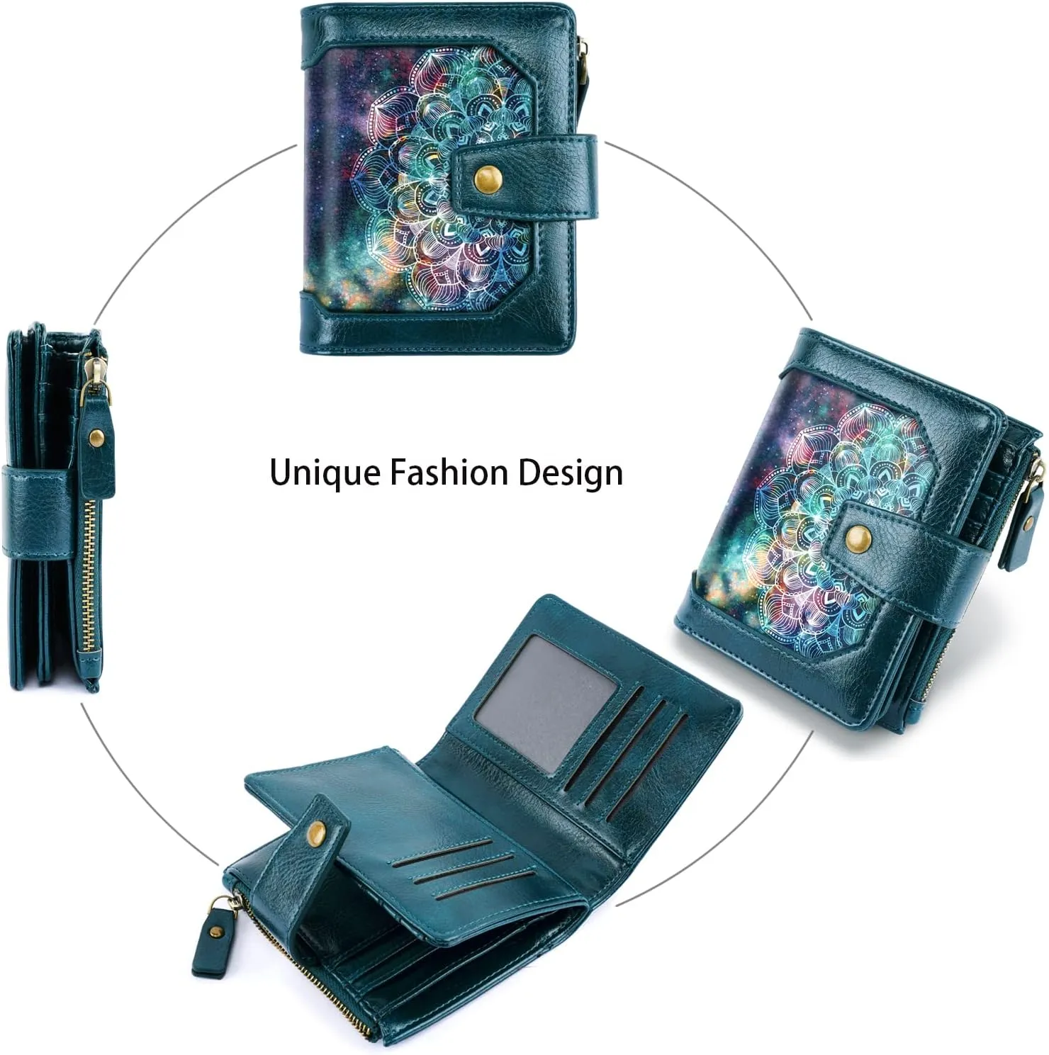 Women Leather Wallet RFID Blocking Small Bifold Zipper Pocket Wallet Card Case Purse with ID Window,Mandala Nebula
