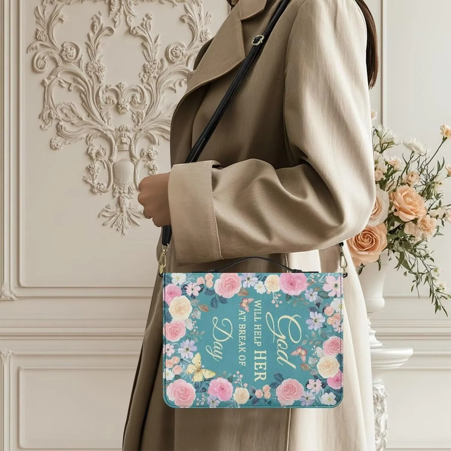 Women Men Bible Cover with Adjustable Strap Shoulder Strap Bag Bible Carrying Case for Church Services