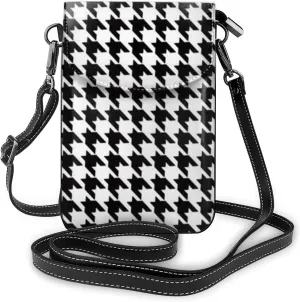 Women Men Girls Boys Black And White Houndstooth Small Crossbody Purse Cell Phone Pouch Mini Tote Shoulder Bag For Travel Work Shopping Walking Dating Outdoor