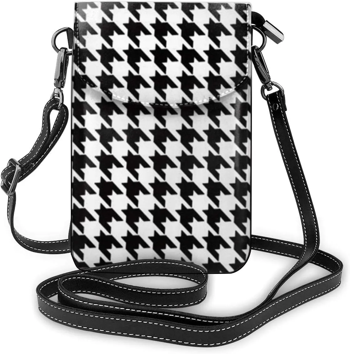 Women Men Girls Boys Black And White Houndstooth Small Crossbody Purse Cell Phone Pouch Mini Tote Shoulder Bag For Travel Work Shopping Walking Dating Outdoor