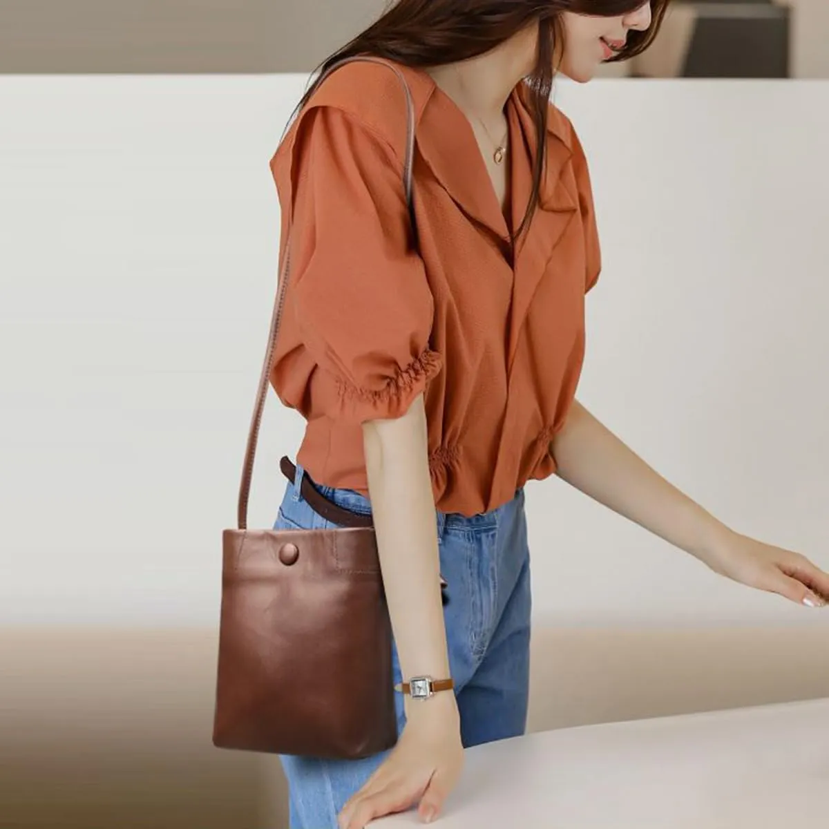 Women Mobile Phone Crossbody Bag, Small Fashion Genuine Leather Phone Shoulder Bag, Ladies Lightweight Coin Pouch