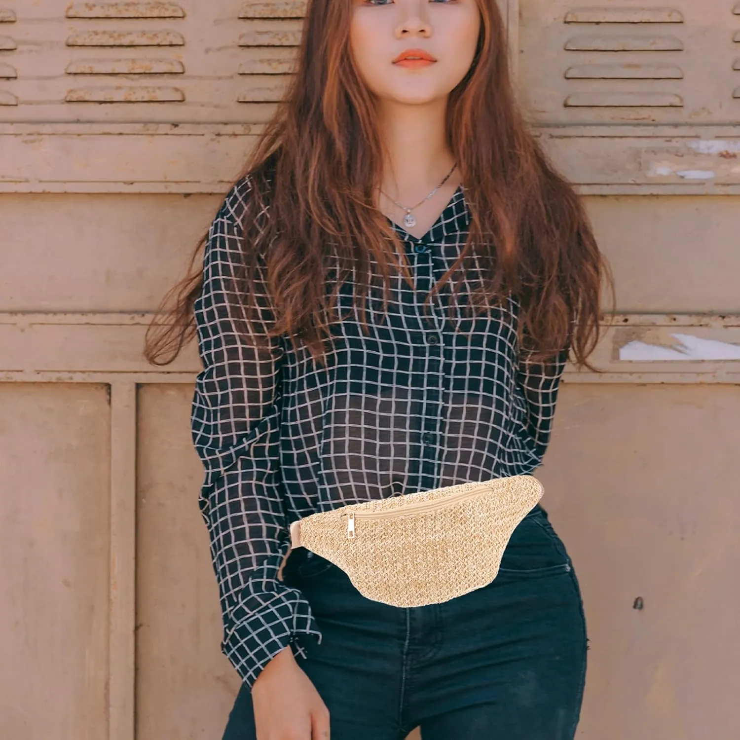 Women Straw Waist Bag Imitation Woven Crossbody Chest Pouch Handmade Boho Travel Beach Bag